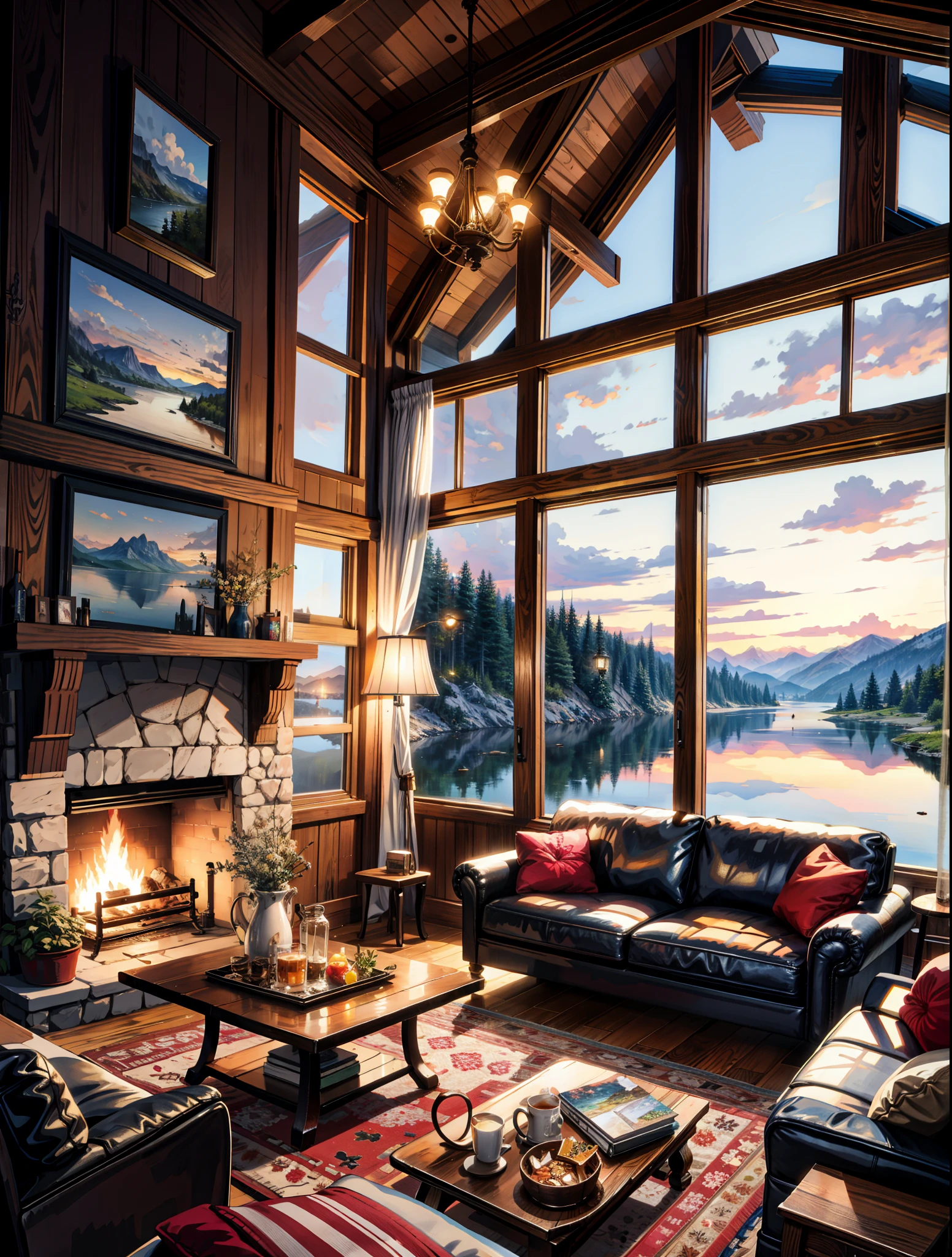 painting of a lake cabin, lakeside view,glistening ,couch,table, fireplace ,pot,rug,beautiful scenery,calm lofi vibe,stream,4k hd, cloud,beautiful art uhd 4 k, a beautiful artwork illustration, beautiful digital painting, highly detailed digital painting, beautiful digital artwork, detailed painting 4 k, very detailed digital painting, rich picturesque colors, gorgeous digital painting