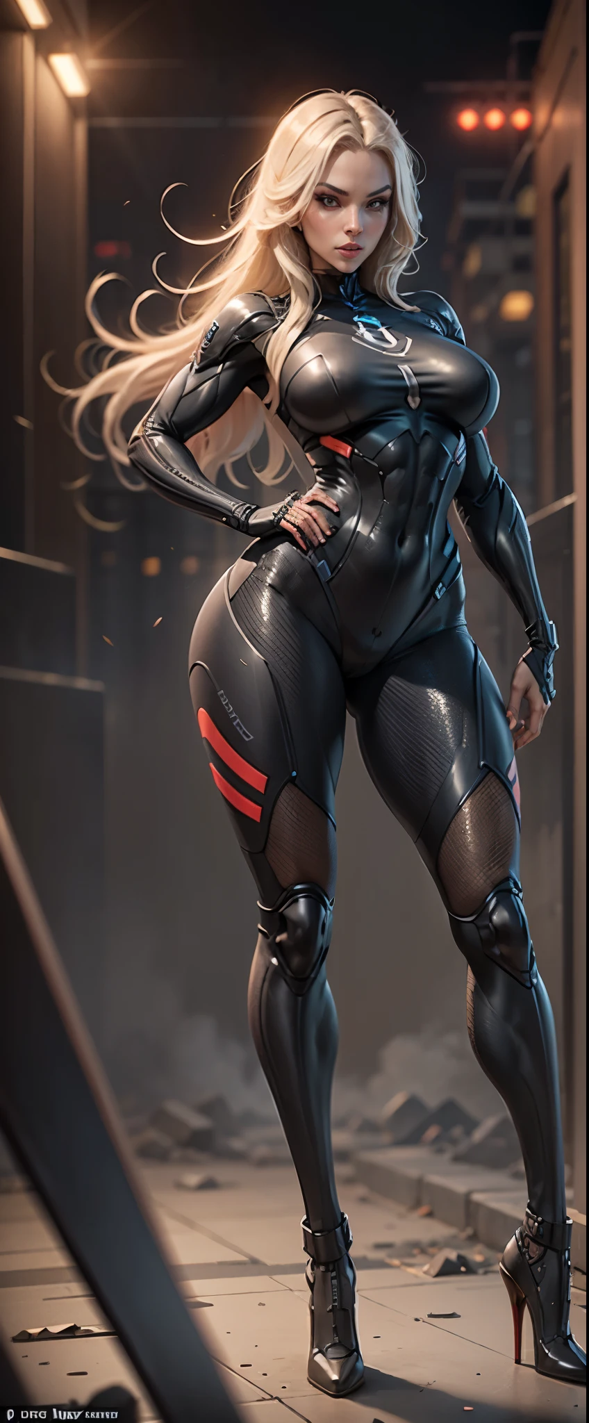 Black Canary from DC, red accents, frontal, full-length, looking at the camera, facing the audience, standing pose, background, three-dimensional light, detailed full-body concept, sleek digital concept art, beautiful full-body concept art, art trend, full-length CGsociety, large breasts, Sexual pose, highly detailed, photo realistic, detailed face, semi hourglass shape, semi muscular build, super long hair, side butt dimple