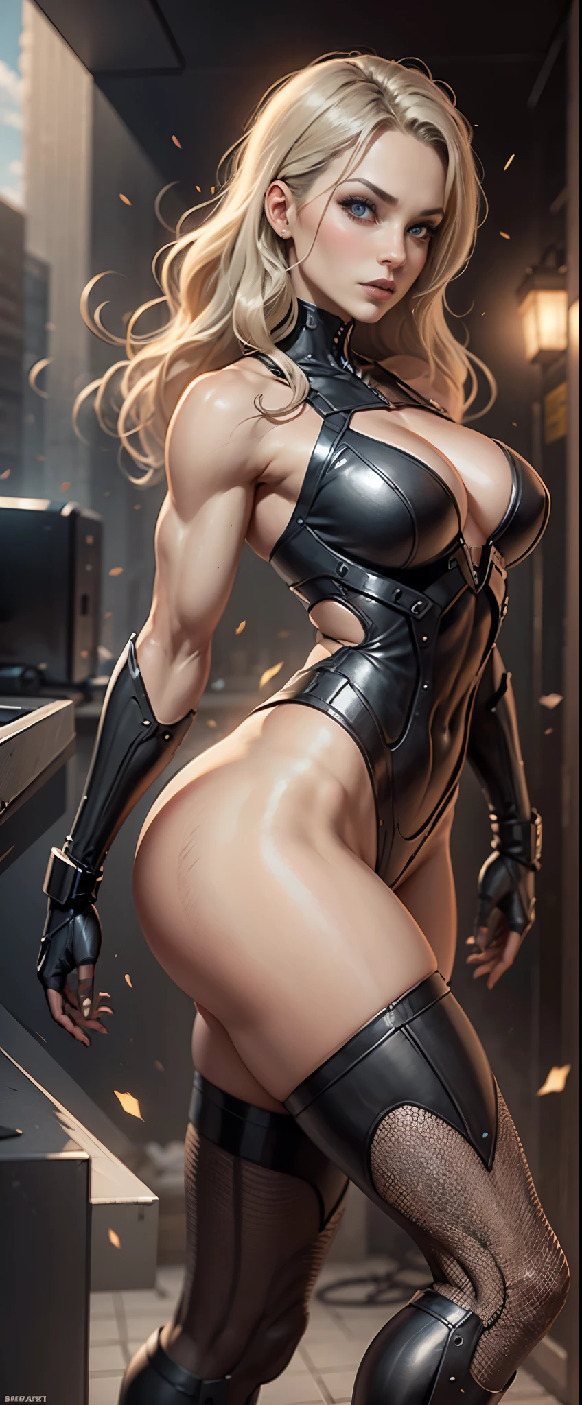 Black Canary from DC, red accents, frontal, full-length, looking at the camera, facing the audience, standing pose, background, three-dimensional light, detailed full-body concept, sleek digital concept art, beautiful full-body concept art, art trend, full-length CGsociety, large breasts, Sexual pose, highly detailed, photo realistic, detailed face, semi hourglass shape, semi muscular build, super long hair, side butt dimple