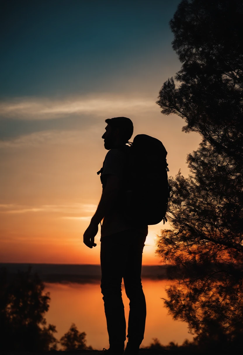 a silhouette shot of a person against a colorful sky during sunrise or sunset, with their backpack creating an interesting shape and adding a sense of exploration and outdoor adventure
