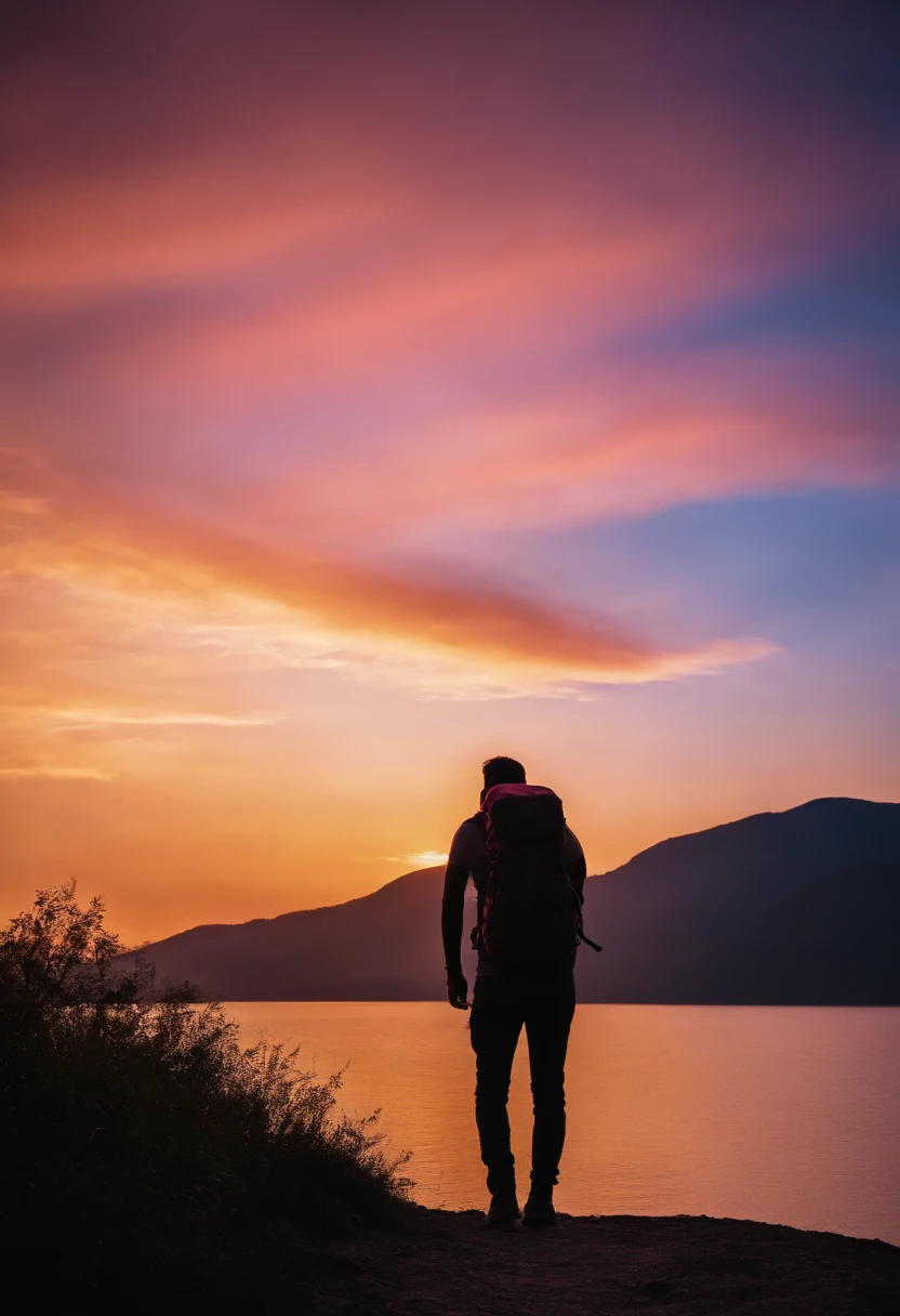 a silhouette shot of a person against a colorful sky during sunrise or sunset, with their backpack creating an interesting shape and adding a sense of exploration and outdoor adventure
