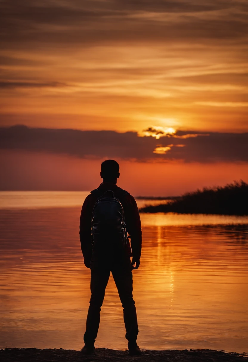 a silhouette shot of a person against a colorful sky during sunrise or sunset, with their backpack creating an interesting shape and adding a sense of exploration and outdoor adventure