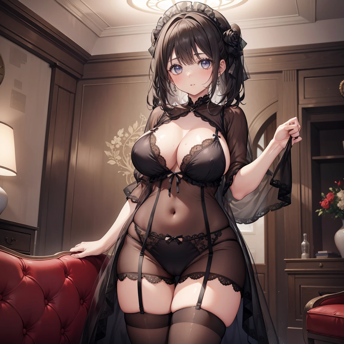 1 girl, watery big eyes, Low RA:Add to_the detail:1,Lace lingerie big breasts,Inside the living room,flatchest,black lence stockings,
