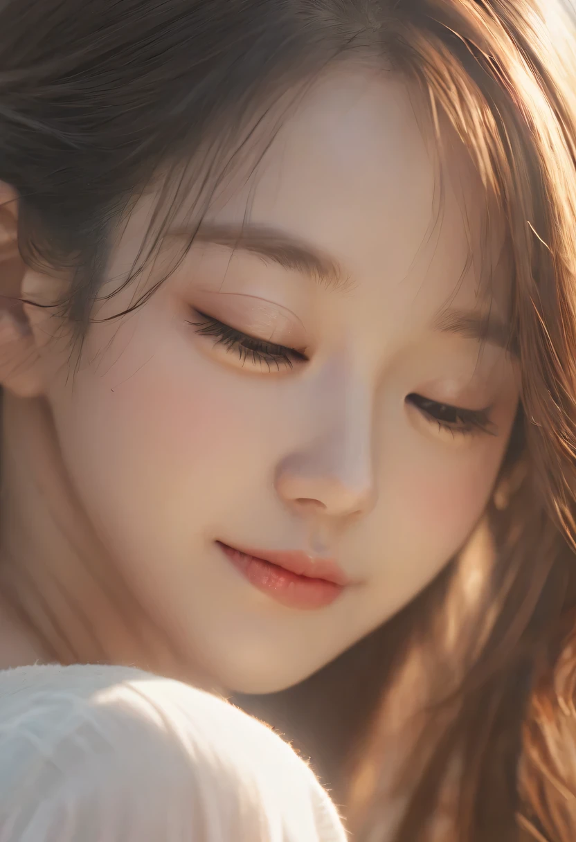 rays of sunshine,With his eyes closed,Tilt your face,Smiling,Side profile,Best quality at best,A high resolution,ultra - detailed,realisticlying,sportrait,pastelcolor,warmly lit