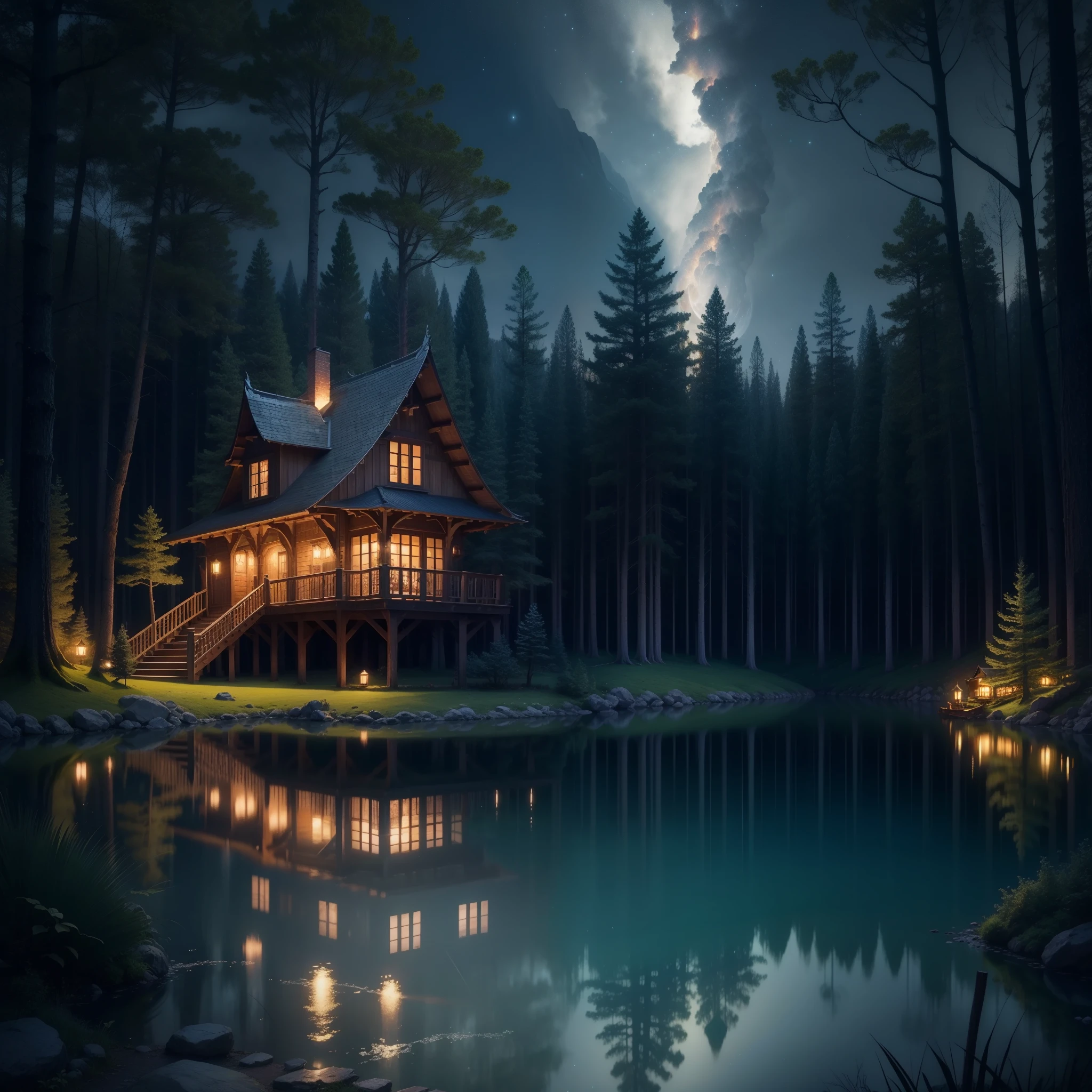 Treehouse on the night beautiful magic lots of light lots of beauty night Clara lu illuminating a lake treehouse in the middle of the lake night beautiful night magic I'm realistic photo realistic best quality 4K 8k masterpiece a lot of beauty a lot of brightness a lot of clarity forest clearing tall trees around the lake treehouse in the middle of the lake a lot of beauty a lot of beauty a lot of light very beautiful magic night