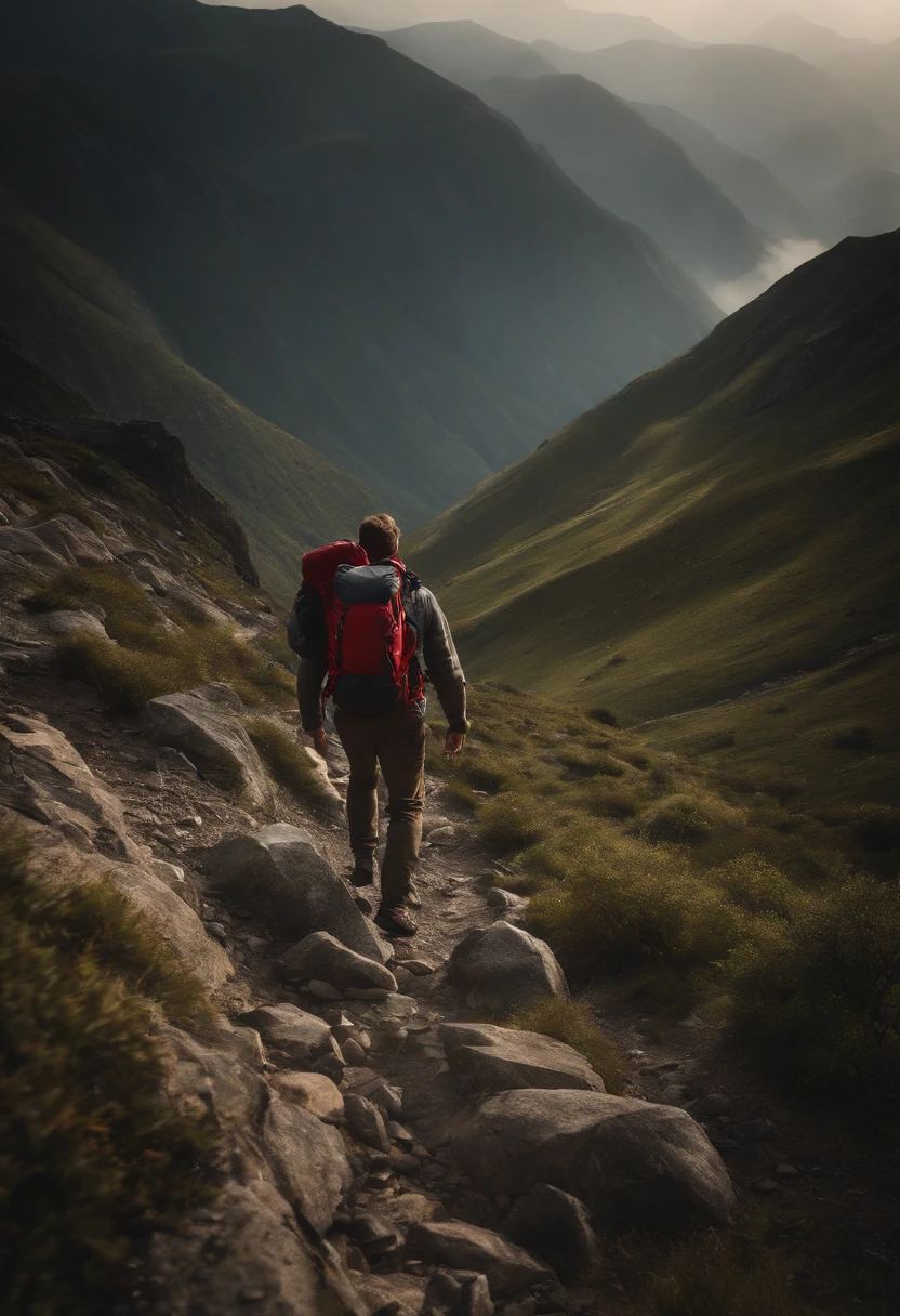 a dynamic shot of a person descending a steep mountain slope with their backpack, with rocky terrain and a sense of movement adding a thrilling and adventurous element to the composition
