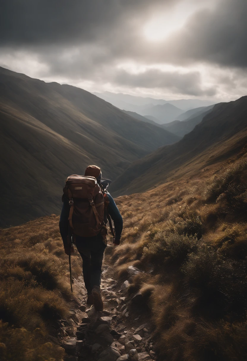 a dynamic shot of a person descending a steep mountain slope with their backpack, with rocky terrain and a sense of movement adding a thrilling and adventurous element to the composition