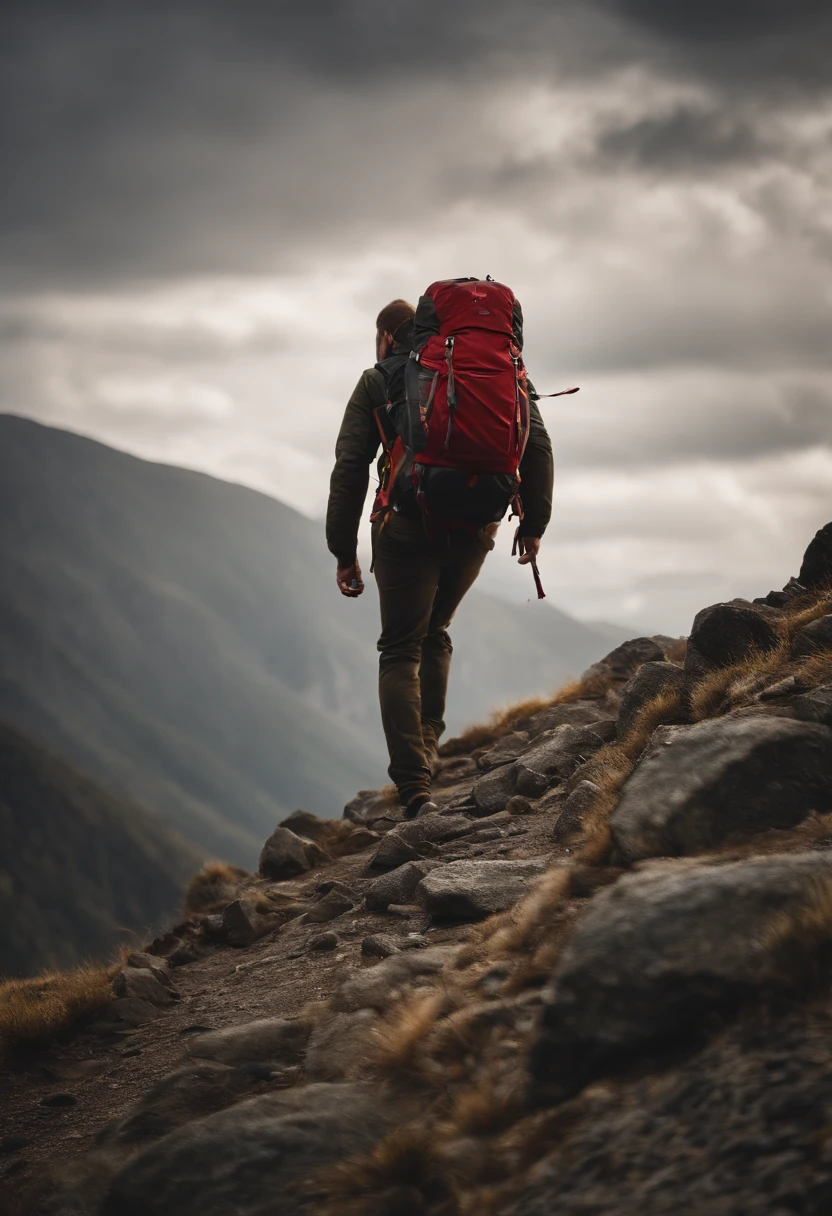 a dynamic shot of a person descending a steep mountain slope with their backpack, with rocky terrain and a sense of movement adding a thrilling and adventurous element to the composition
