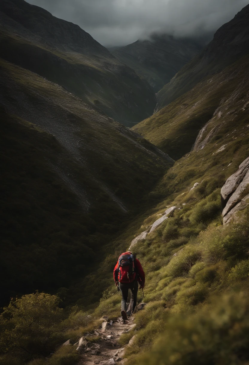 a dynamic shot of a person descending a steep mountain slope with their backpack, with rocky terrain and a sense of movement adding a thrilling and adventurous element to the composition