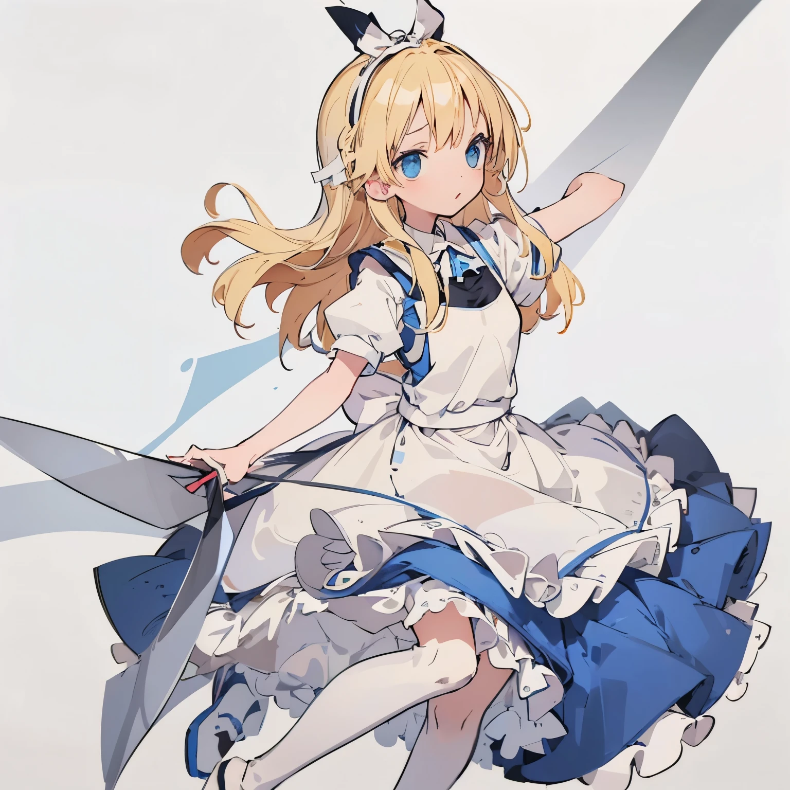 【Highest Quality, masutepiece】  [(1girl:1.5), expressioness, (blonde hair:1.5), long hair,Blue dress, (blue eyes:1.3), white legwear, apron, hairband ribbon, slender beauty, short stature ,shoes, short sleeves, saucer, black footwear, Upper body] (Gray white background:1.7), Surprised,