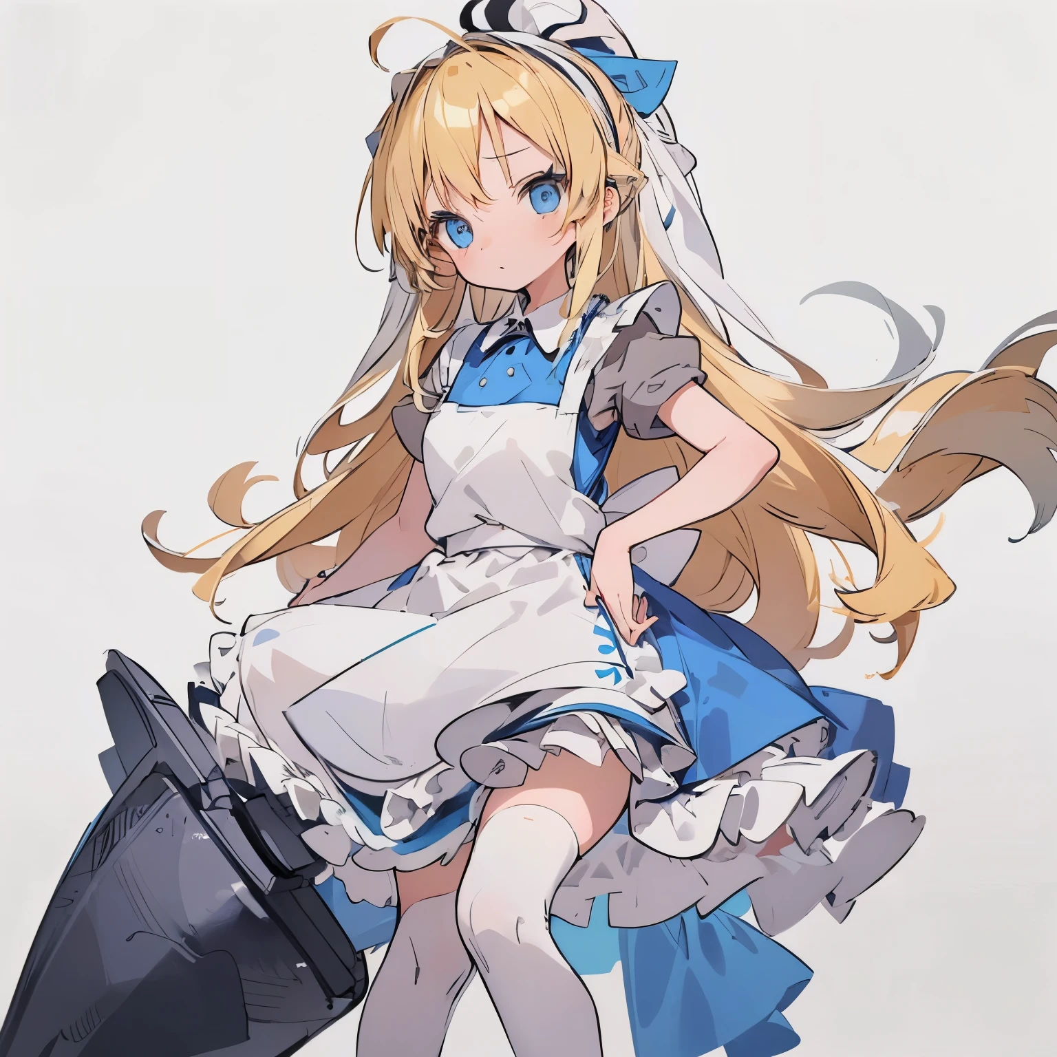 【Highest Quality, masutepiece】  [(1girl:1.5), expressioness, (blonde hair:1.5), long hair,Blue dress, (blue eyes:1.3), white legwear, apron, hairband ribbon, slender beauty, short stature ,shoes, short sleeves, saucer, black footwear, Upper body] (Gray white background:1.7), Surprised,