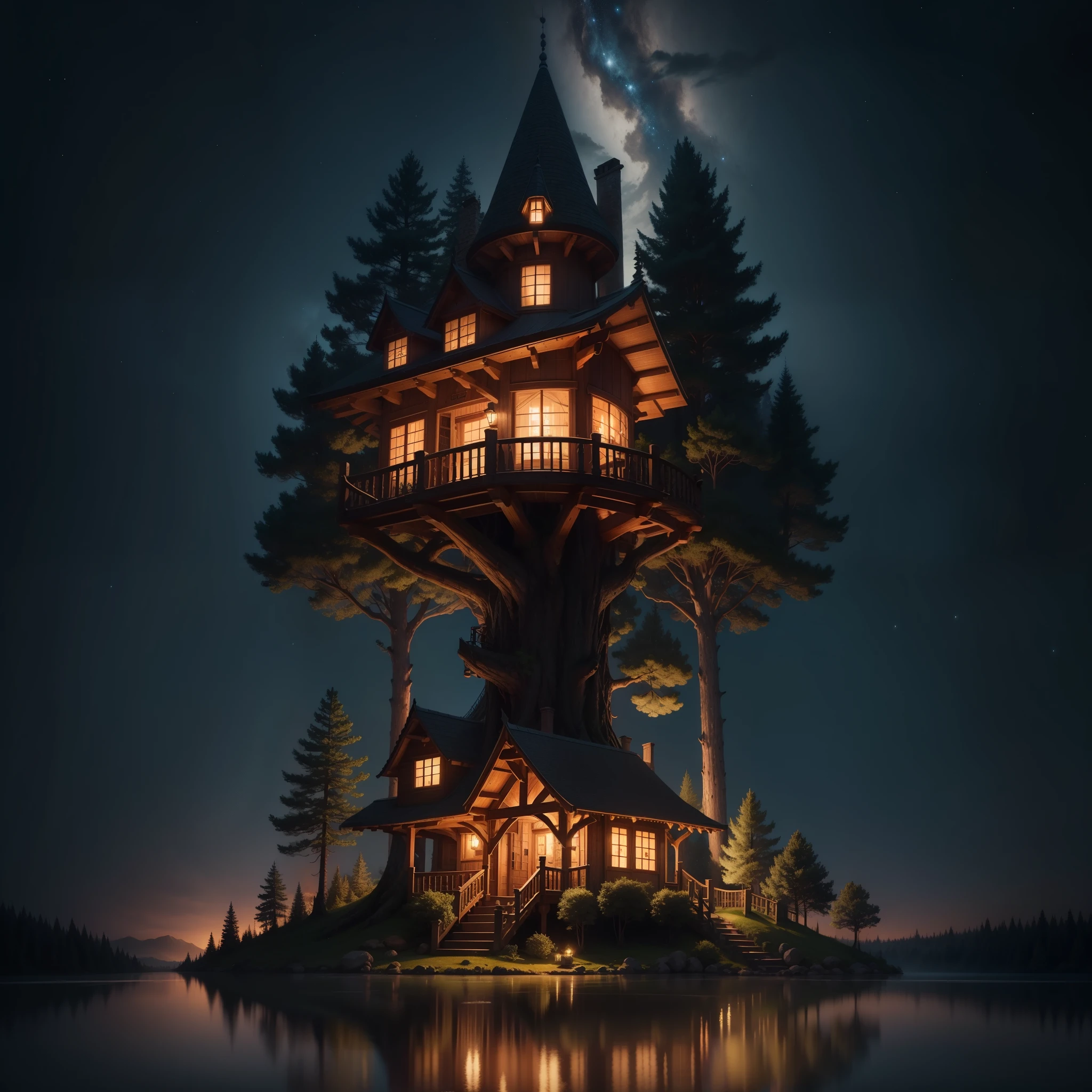 Treehouse on the night beautiful magic lots of light lots of beauty night Clara lu illuminating a lake treehouse in the middle of the lake night beautiful night magic I'm realistic photo realistic best quality 4K 8k masterpiece a lot of beauty a lot of brightness a lot of clarity forest clearing tall trees around the lake treehouse in the middle of the lake a lot of beauty a lot of beauty a lot of light very beautiful magic night