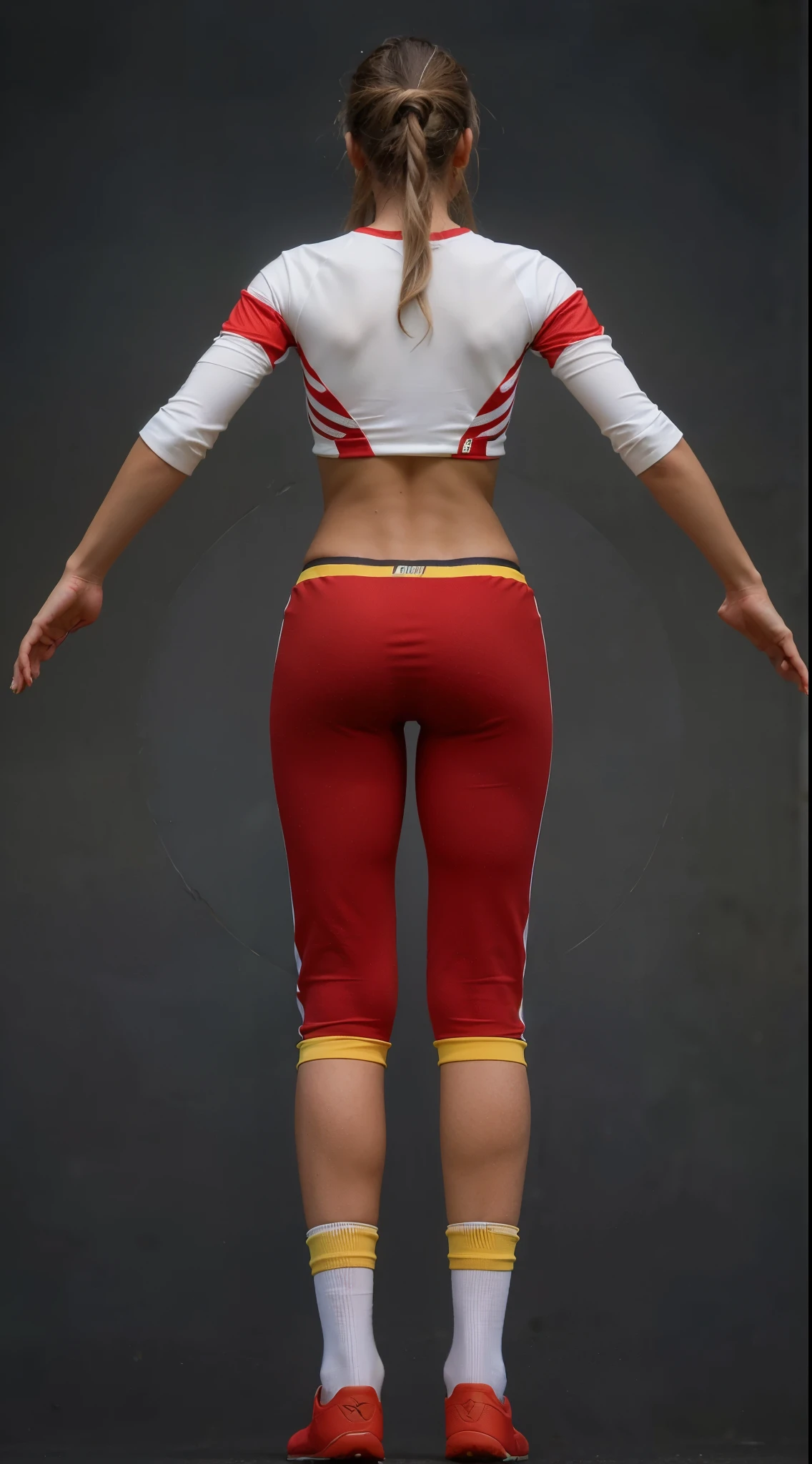 (masterpiece),(best quality:1.0),(ultra highres:1.0),closeup,1 girl,detailed beautiful, sexy girl, back, tomboy, skinny, soccer clothing,brown skin,latina face, wallpaper 8k, (white colorful hair), beautiful woman, full body