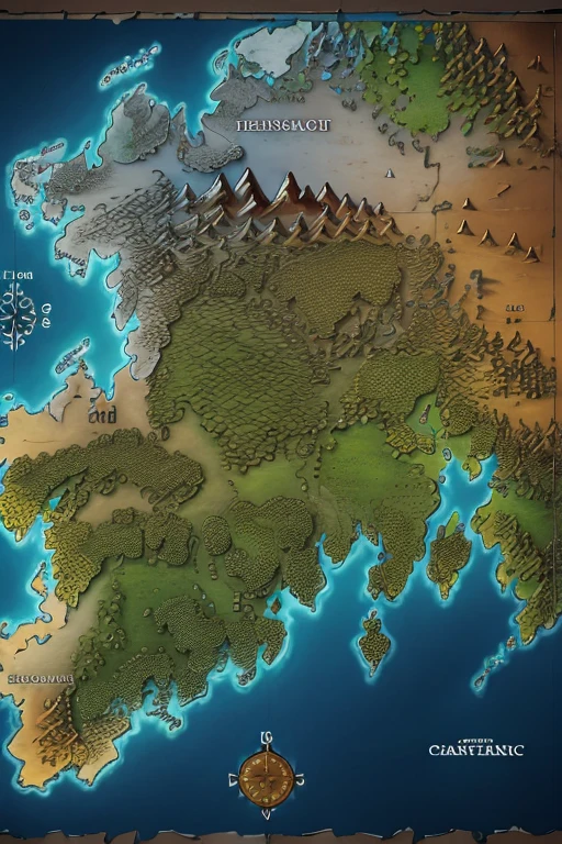 map of a continent, with colorations representing biomes, the west zone must have mainly glaciers and granite plateaus and the east zone must be mainly hot desert, in addition to this the most present biome must be the temperate deciduous forest biome .