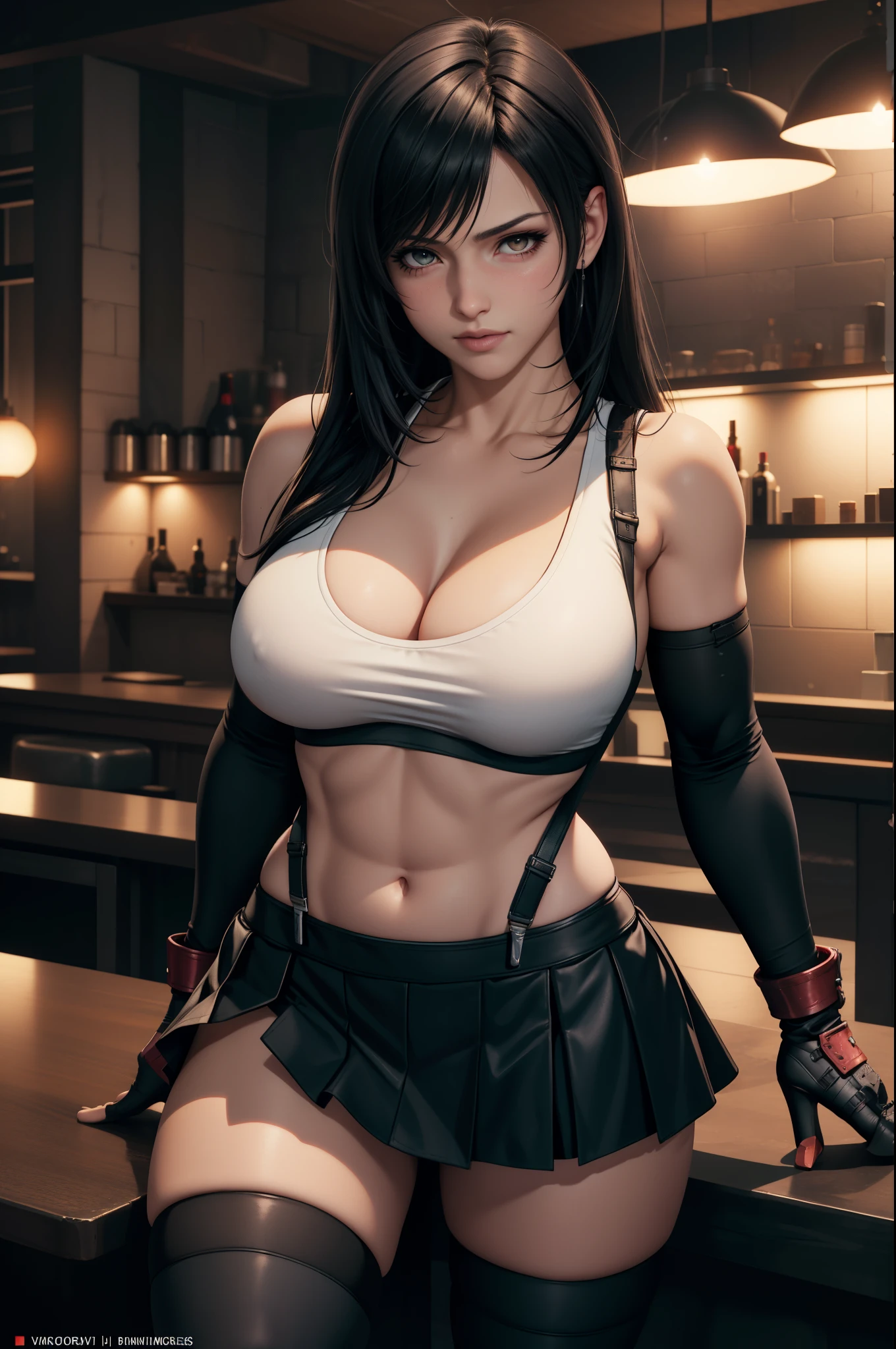 Final Fantasy VII, (nose blush), single elbow pad, ankle boots, black hair, black skirt, black thighhighs, red boots, elbow gloves, elbow pads, fingerless gloves, taut shirt, sports bra, (suspender black skirt), thighhighs, white tank top, black hair, full body, look at viewer, posing standing in bar,  mouth, makeup, bokeh, best quality, masterpiece, highres, UHD, 1080P