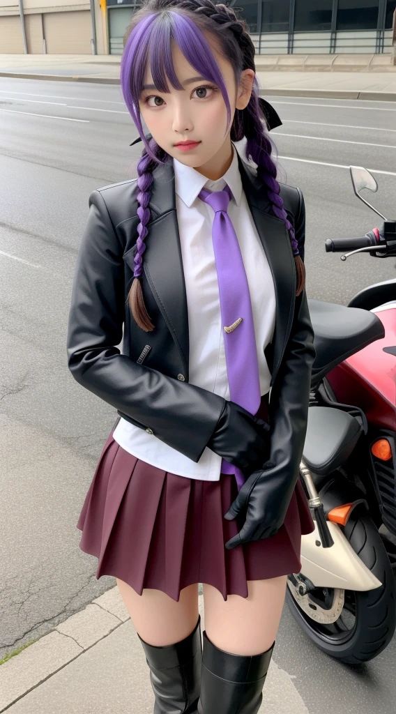 masterpiece, best quality, high res, a akyoko, long hair, purple hair, side braid, blunt bangs, hair ribbon, black ribbon, high collar, brown necktie, black motor cycle jacket, open clothes, long sleeves, black gloves, black mini skirt, pleated skirt, black long boots, full shot, danganronpa \(series\), street, full shot, looking at viewer,  white shirt