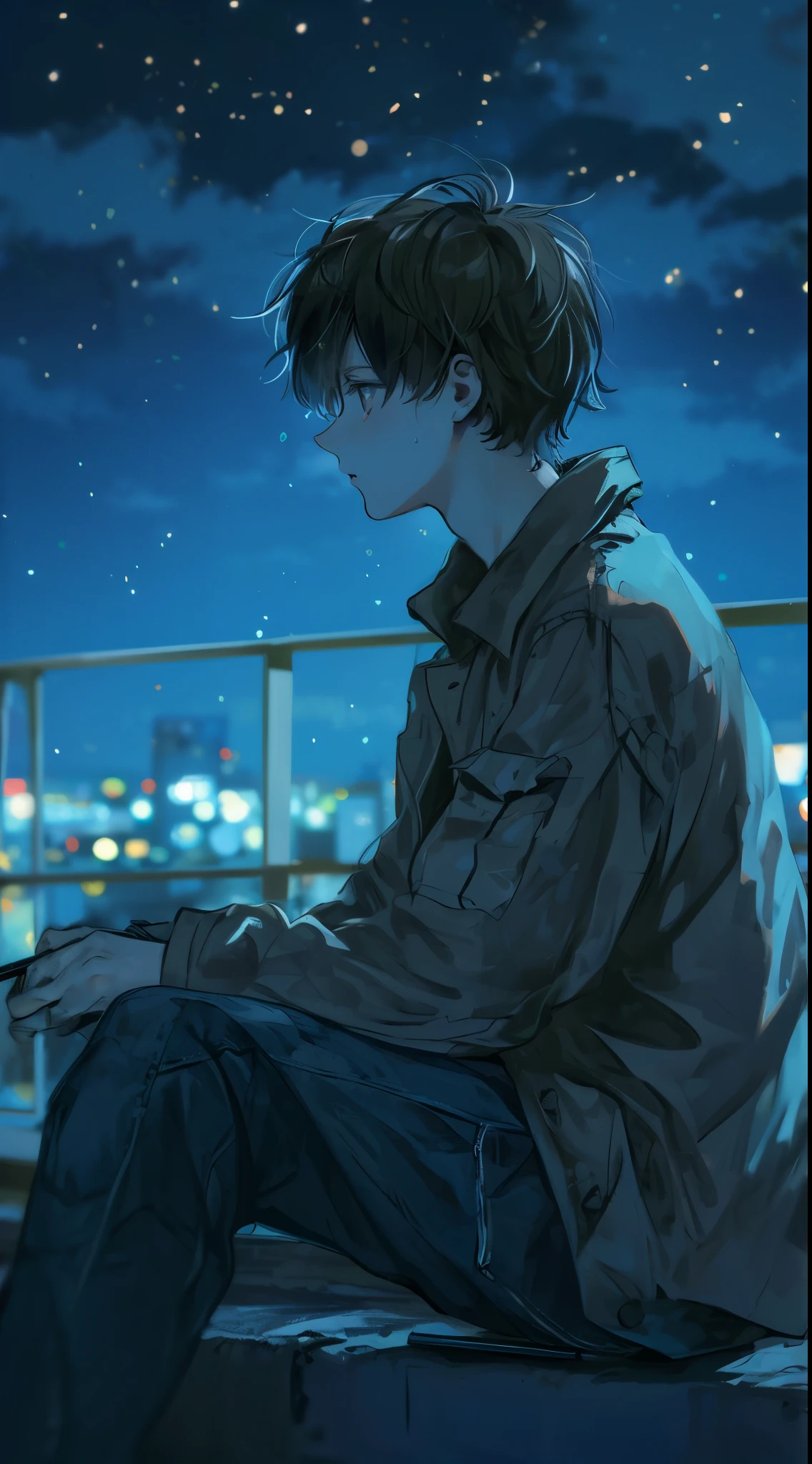 high quality, amount of drawing, pixiv illustration, A scene depicting a handsome young man gazing at the night sky from a city rooftop. He is seated on the edge of the rooftop under the starry sky, dressed casually in a jacket and denim pants. His expression is contemplative, looking off into the distance. Beside him, there’s a small notebook and pen, and he occasionally jots something down. The background showcases the city’s nightscape, with distant building lights twinkling. This scene captures a moment of solitude away from the urban bustle, portraying a young man lost in his thoughts and dreams under the night sky