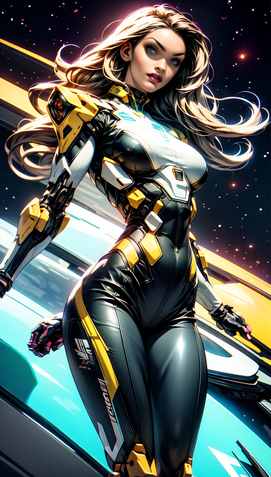 (1 girl), (megan fox:1.25), (skin tight cybernetic android mecha armor:1.25), (muscular female android:1.25), nijistyle, rfktr_technotrex, exploring planets, alien worlds, exotic locations, deep-space, unknown terrors, galactic nebulas, star studded cosmos, fcPortrait, HDR (High Dynamic Range), Ray Tracing, NVIDIA RTX, Super-Resolution, Unreal 5, subsurface scattering, PBR texturing, Post-processing, anisotropic filtering, Depth of field, Maximum clarity and sharpness, multilayer textures, specular and albedo maps, surface shading, Accurate simulation of light-material interaction, perfect proportions, Octane rendering, dual-tone lighting, ISO baixo, white-balance, rule of thirds, 8K RAW, sub-pixel convolution, luminescent particles,