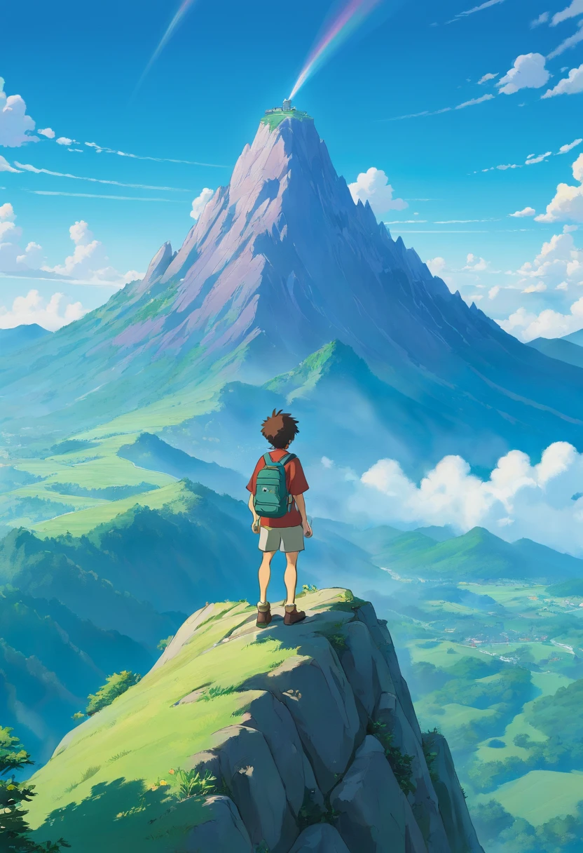 a contemplative shot of a person standing on a mountain peak, with their backpack slung over their shoulder, gazing out at a vast and majestic landscape, showcasing a moment of reflection and connection with the natural world