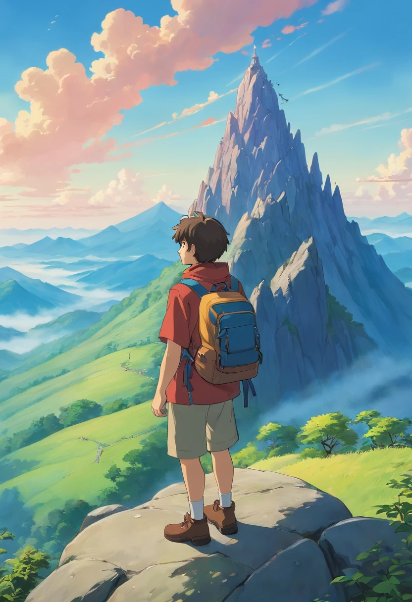 a contemplative shot of a person standing on a mountain peak, with their backpack slung over their shoulder, gazing out at a vast and majestic landscape, showcasing a moment of reflection and connection with the natural world