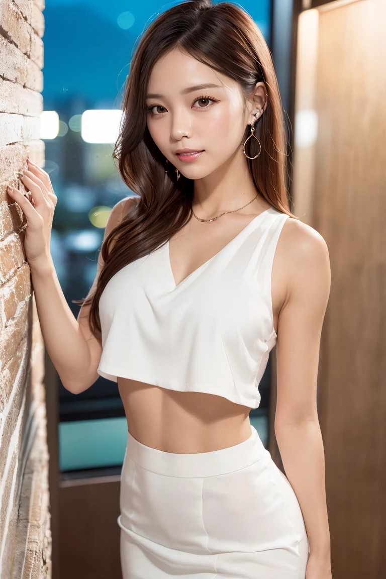 (masutepiece:1.3), High resolution, ultra-detailliert, the Extremely Detailed CG Unity 8K Wallpapers, Realistic, photo-Realistic, Raw photo, beautifull detailed face, pale skin, Realistic glistening skin, Detailed Cloth Texture, detailed hair texture, Perfect body, Beautiful face, 准确, Anatomically correct, Highly detailed face and skin texture, Natural neck length, (beautiful hand air skin:1.2), thin legs, Thin feet, 
BREAK, 
Detailed eyes, symmetrical eye, Light brown eyes, Double eyelids, Thin eyebrows, (Glossy lips:1.4), ((gently smiling:1.2)), (blush:1.1),
BREAK, 
(Classy and cute girl:1.3), (Wear elegant clothes (white) Sleeveless (high-necked) Blouse:1.2), ((navy) Irregular hem skirt:1.2), (Close the button), 
medium large breasts, (Slender figure:1.1), Firm abs, Beautiful collarbone, 
(Dark blonde hair, Wavy Hair, Long hair:1.2), ((asymmetrical bangs:1.2)), 
BREAK, 
((Standing leaning against the wall of the office:1.3)), 
((In a fashionable office at night:1.4)), (Cowboy Shot:1.2), Looking at Viewer, from the front side:0.65,