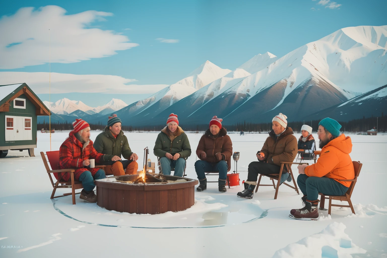 February 2023. Ice Fishing Community Gathering in Fairbanks, Alaska.

Description: A diverse community, dressed in cozy winter gear, gathers around ice fishing holes on a frozen lake in Fairbanks. Quirky fishing equipment and a sense of camaraderie contribute to the Wes Anderson charm.