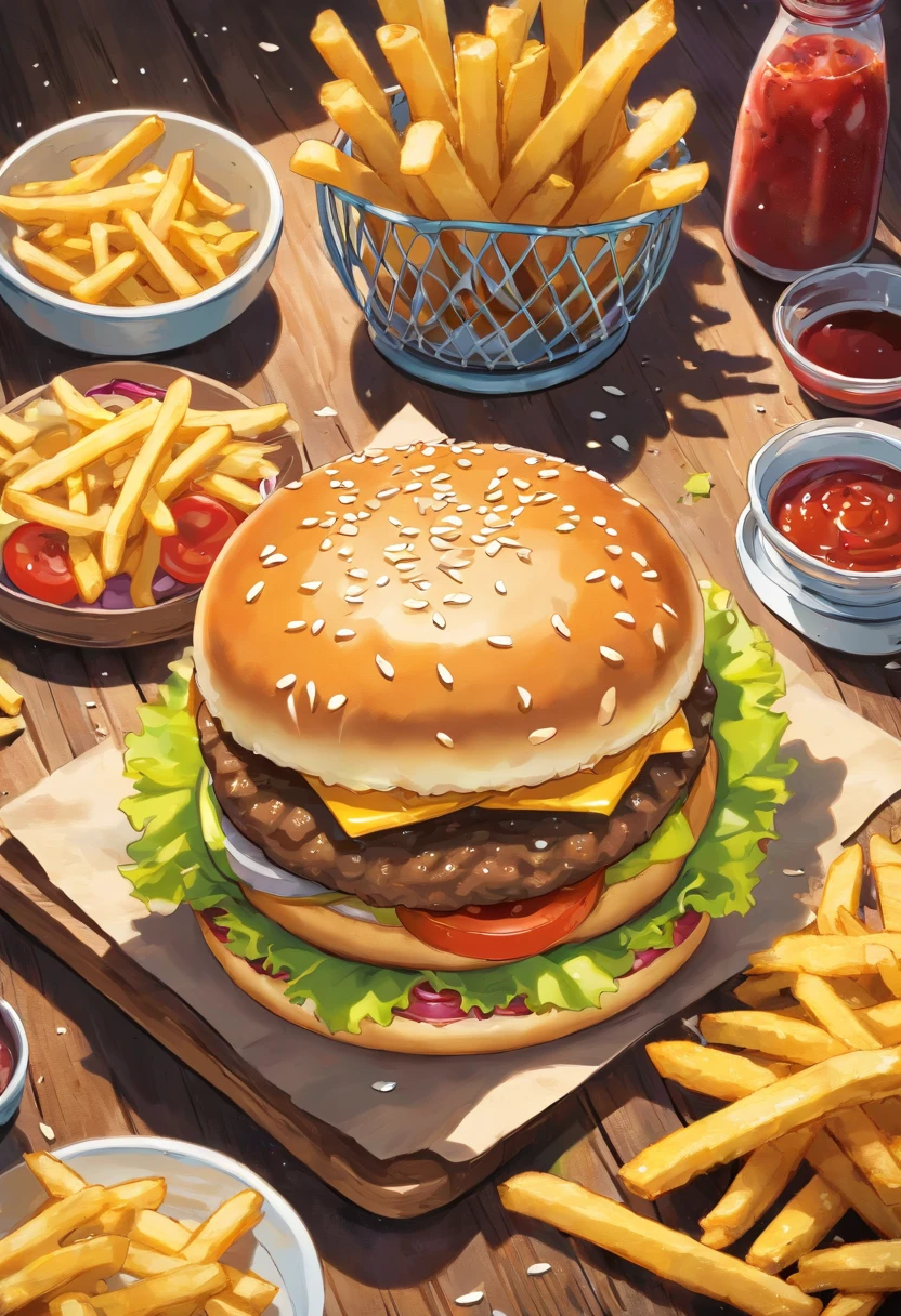 a top-down shot of a cheeseburger on a rustic wooden table, with sesame seeds sprinkled on the bun and a side of crispy golden fries, creating a classic American diner aesthetic