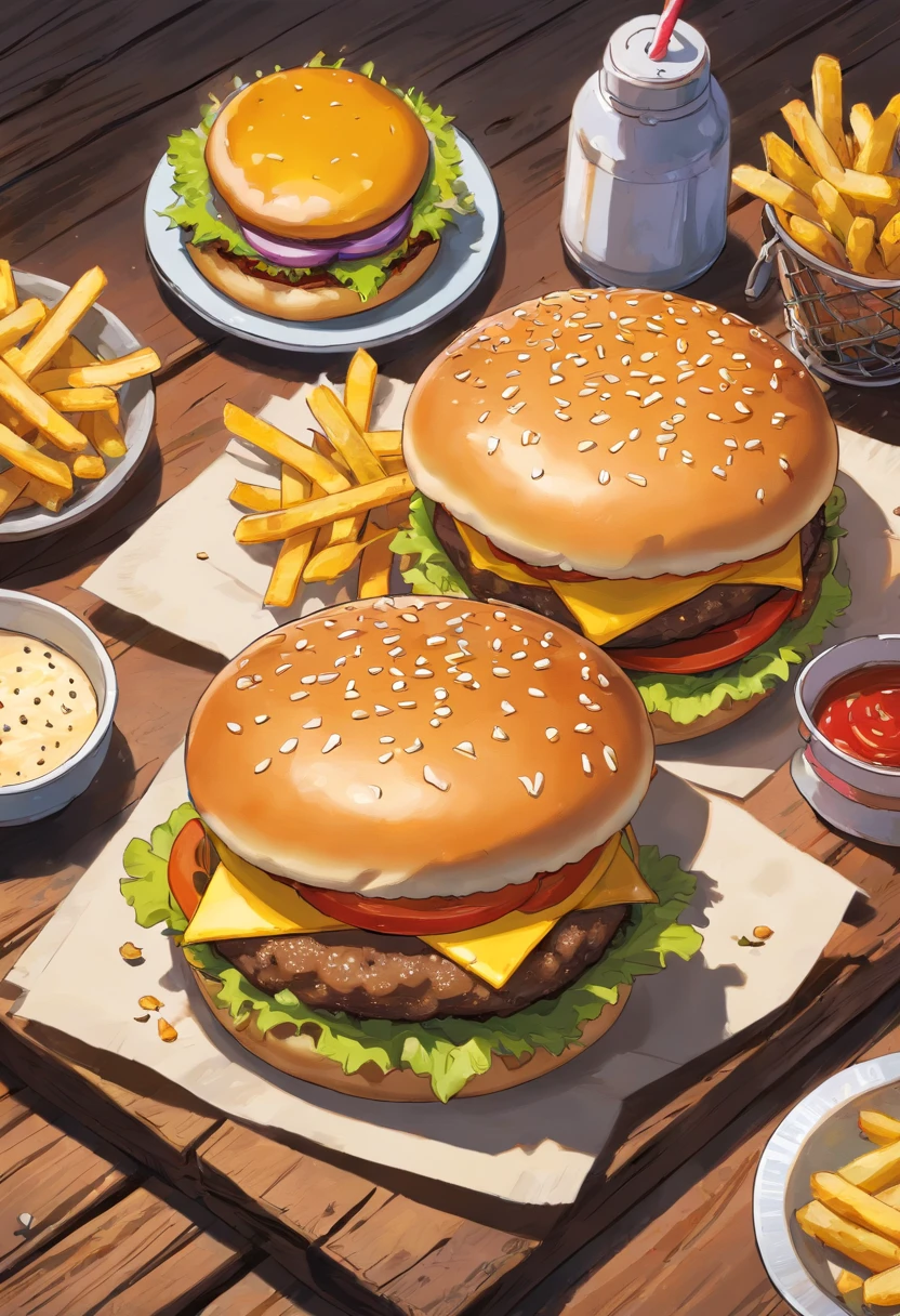 a top-down shot of a cheeseburger on a rustic wooden table, with sesame seeds sprinkled on the bun and a side of crispy golden fries, creating a classic American diner aesthetic