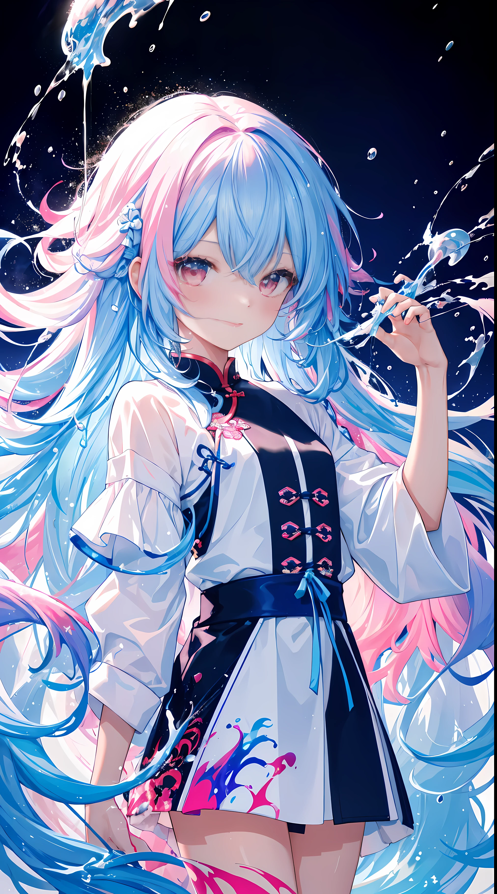 (tmasterpiece, Best quality, A high resolution), white backgrounid, Acrylic paints, ((splash of color, Splash ink, splash of color)), Sweet Chinese girl, long light blues hair, [light blues|with pink hair, curlies , glittery, Peach lips, white shirt, street frontage, upper part of body