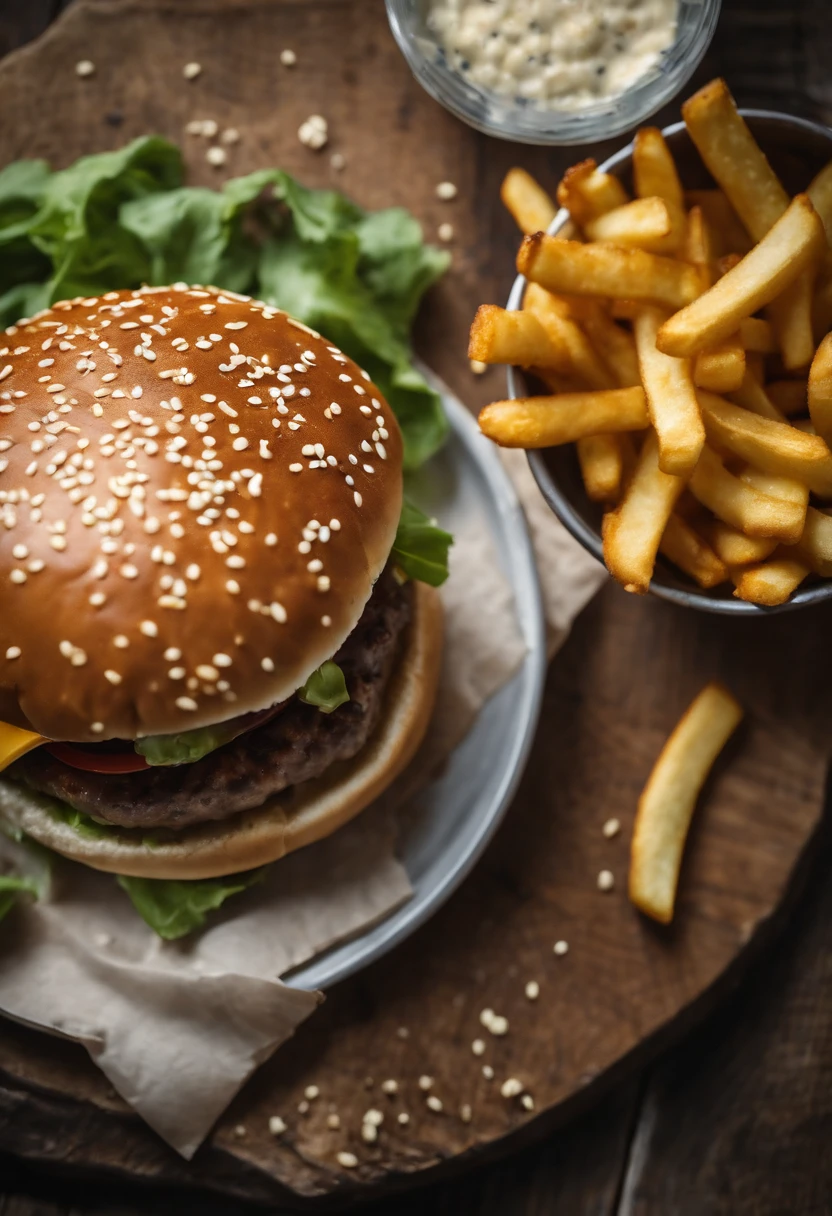 a top-down shot of a cheeseburger on a rustic wooden table, with sesame seeds sprinkled on the bun and a side of crispy golden fries, creating a classic American diner aesthetic
