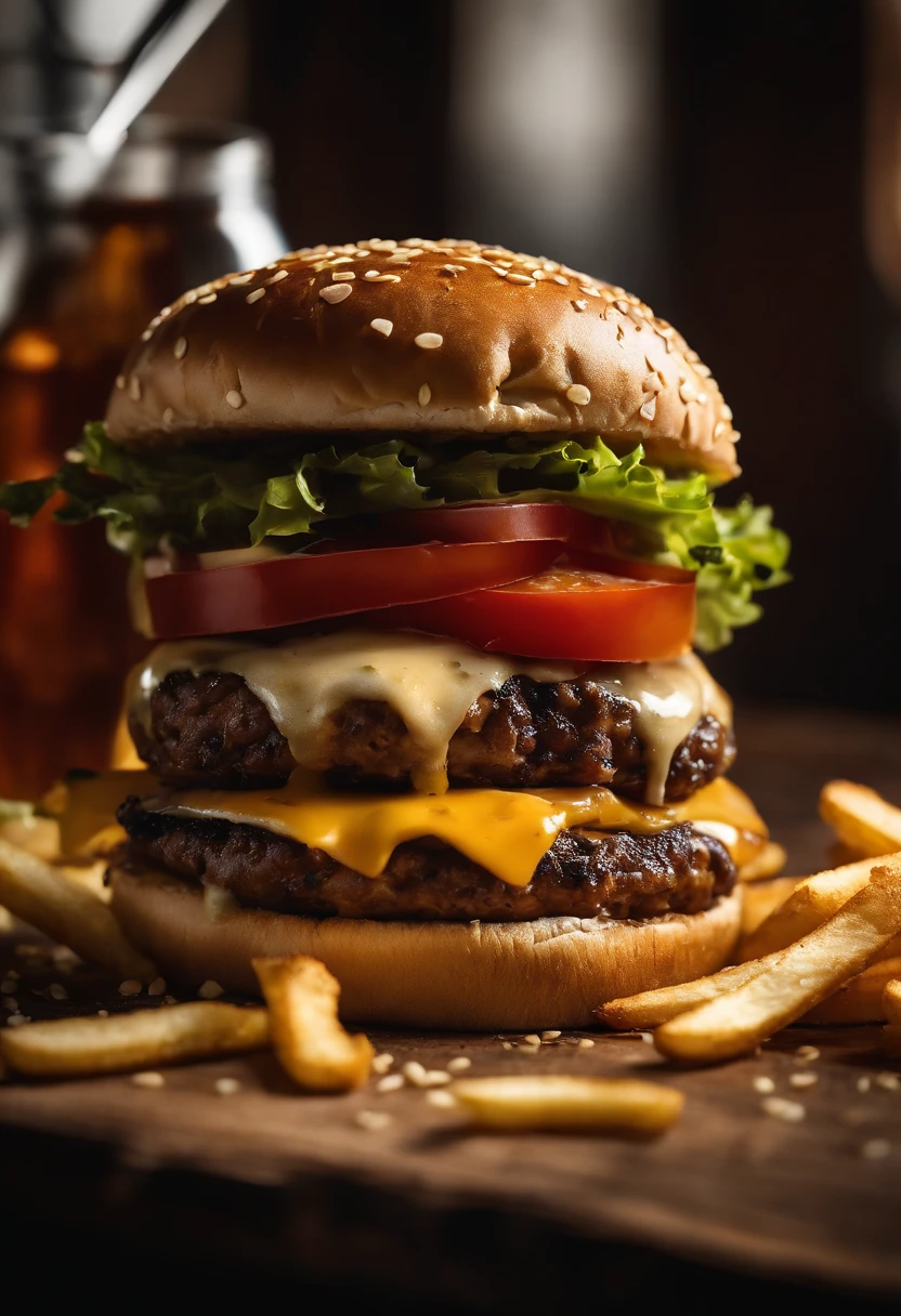 a top-down shot of a cheeseburger on a rustic wooden table, with sesame seeds sprinkled on the bun and a side of crispy golden fries, creating a classic American diner aesthetic