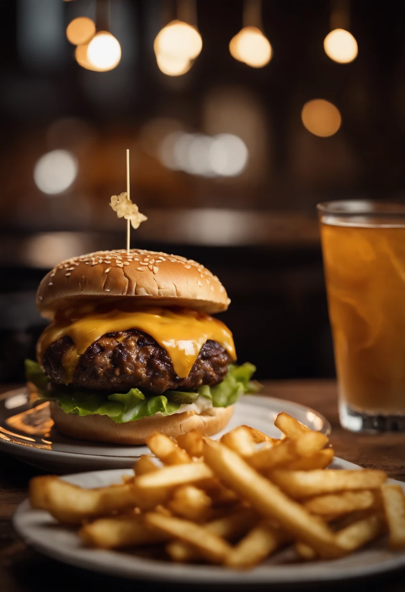 a top-down shot of a cheeseburger on a rustic wooden table, with sesame seeds sprinkled on the bun and a side of crispy golden fries, creating a classic American diner aesthetic