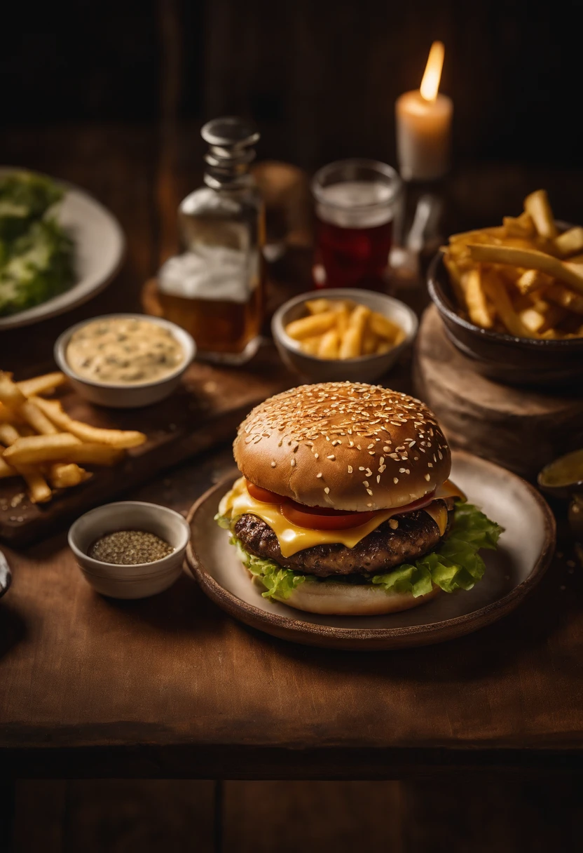 a top-down shot of a cheeseburger on a rustic wooden table, with sesame seeds sprinkled on the bun and a side of crispy golden fries, creating a classic American diner aesthetic