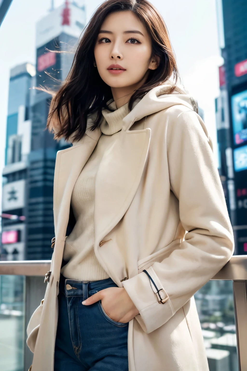 ((masutepiece:1.4, Best Quality)), (photos realistic:1.4), ((1girl in)),
(超A high resolution:1.2), Extremely delicate and beautiful, amazing, tome'It's okay, the Extremely Detailed CG Unity 8K Wallpapers, Ultra-detailed, High resolution, Soft light,
Beautiful detailed girl, extremely detailed eye and face, beautiful detailed nose, Beautiful detailed eyes,
(light beige coat:1.4), Lustrous black hair, Taut,
Cinematic lighting, Perfect Anatomy, Slender body,
(Shinjuku skyscrapers:1.3), (sunny winter blue sky:1.4),
Cute poses, Cowboy Shot