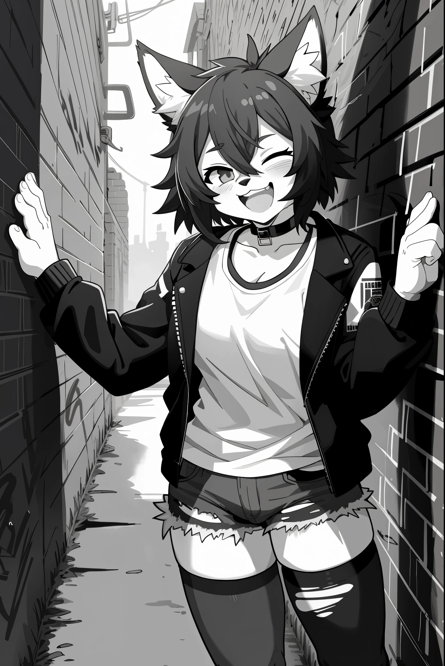 cover page, highres, top quality, best quality, paid reward available, unparalleled masterpiece, perfect artwork, absurdres, High-quality illustrations, laughing, perfect anatomy, lineart, monochrome, 1girl, kemono, furry, anthro, choker, shirt, torn legwear, open jacket, against wall, brick wall, graffiti, dim lighting, alley,