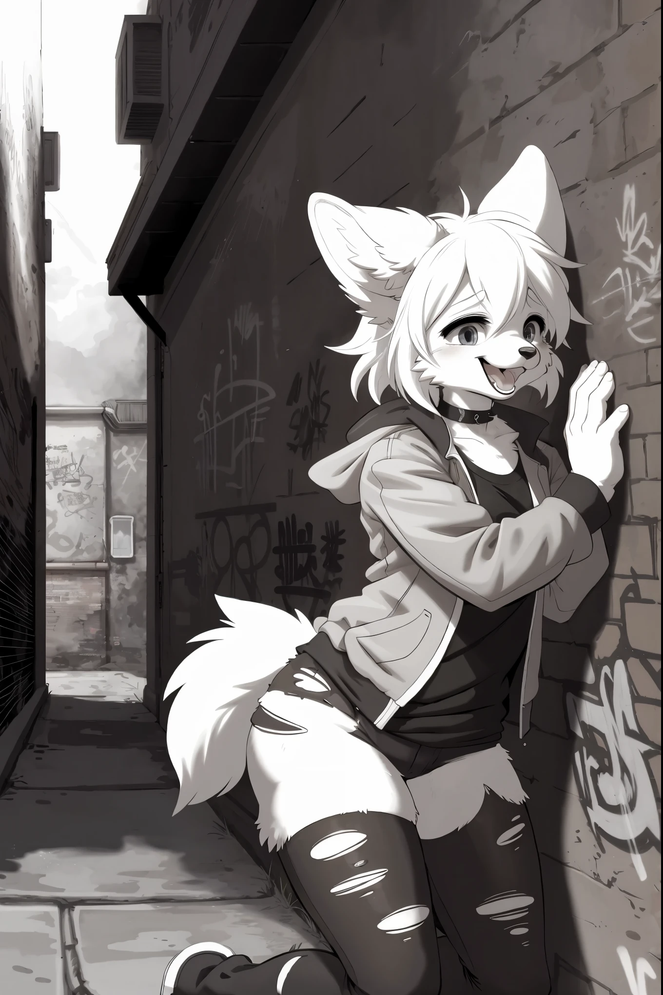 cover page, highres, top quality, best quality, paid reward available, unparalleled masterpiece, perfect artwork, absurdres, High-quality illustrations, laughing, perfect anatomy, lineart, monochrome, 1girl, kemono, furry, anthro, choker, shirt, torn legwear, open jacket, against wall, brick wall, graffiti, dim lighting, alley, dynamic angle,