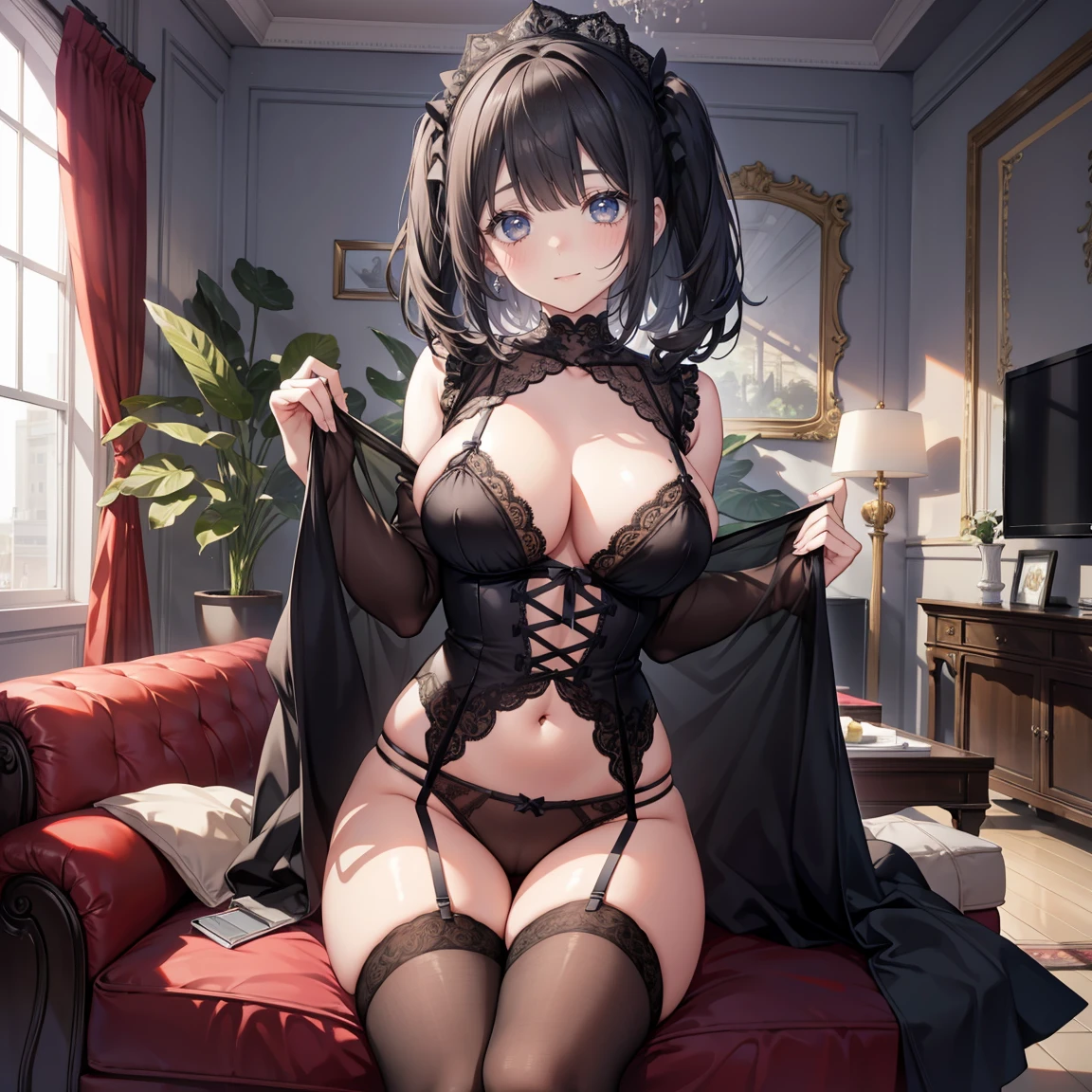 1 girl, watery big eyes, Low RA:Add to_the detail:1，Lace lingerie big breasts，Inside the living room，flatchest，black lence stockings，Happy expression