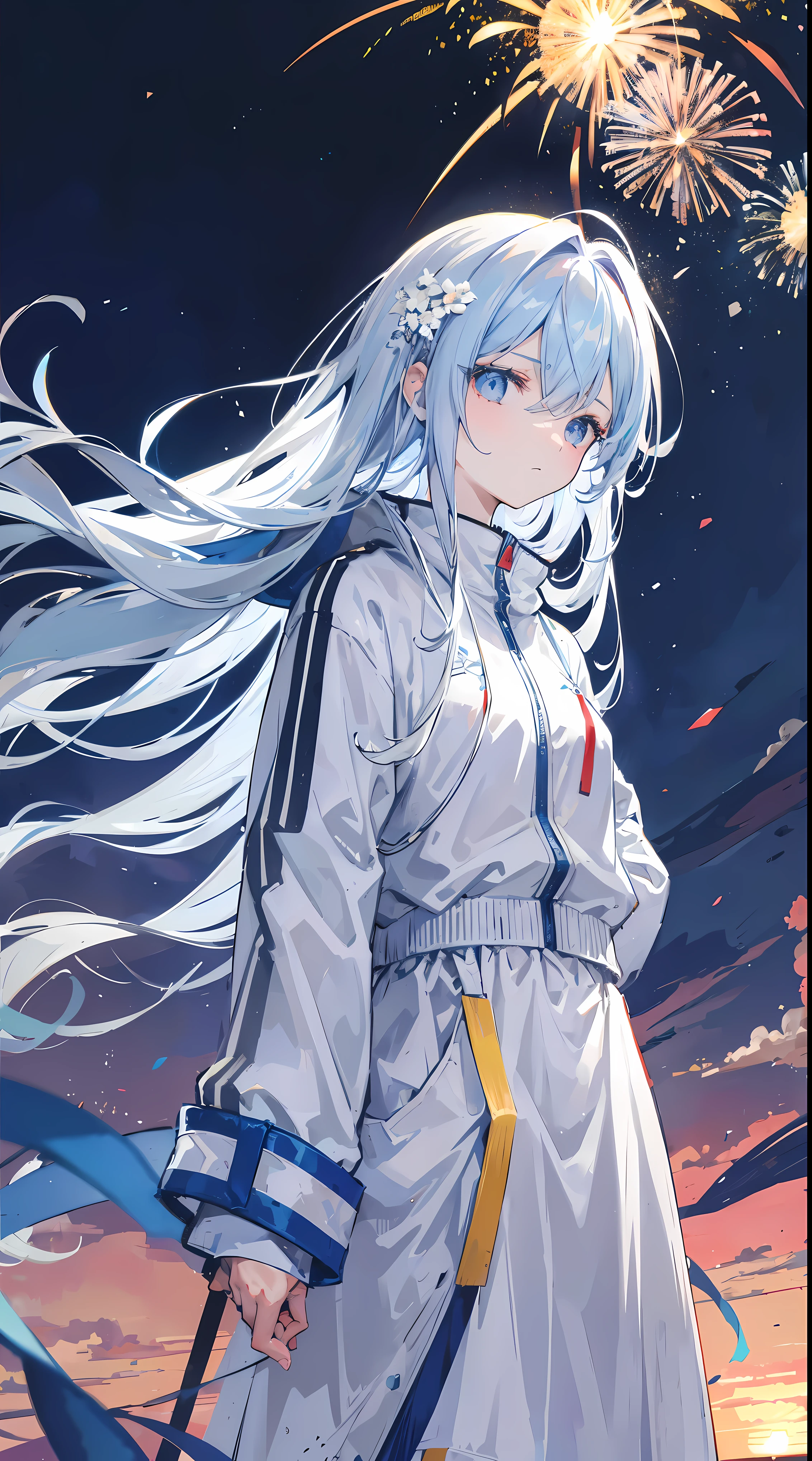 light blue jagged hair,The hair curtain is very long,The hair curtain covers one eye,hair slightly upward,Has gray eyes,sparkle in eyes,Girl of medium build,There is a flower on the head,sunset over empty countryside,Holding a lit fireworks stick in his hand,He is wearing a white tracksuit,black cape skirt,I look lonely and lonely,The atmosphere is desolate,cold shades,He bowed his head