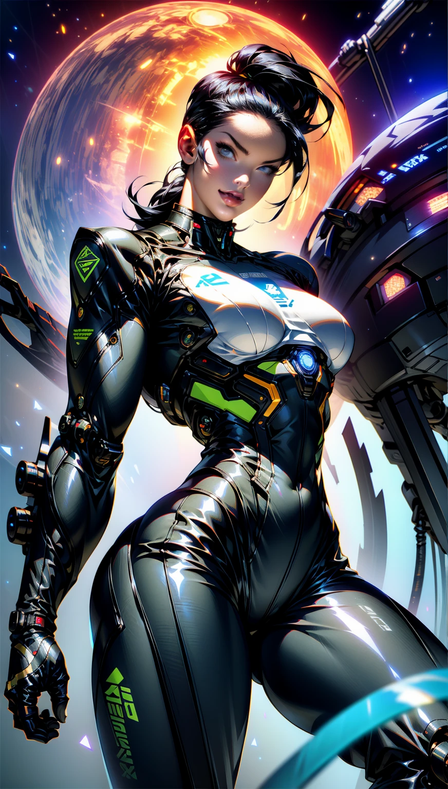 (1 girl), (megan fox:1.25), (skin tight cybernetic android mecha armor:1.25), (muscular female android:1.25), nijistyle, rfktr_technotrex, exploring planets, alien worlds, exotic locations, deep-space, unknown terrors, galactic nebulas, star studded cosmos, fcPortrait, HDR (High Dynamic Range), Ray Tracing, NVIDIA RTX, Super-Resolution, Unreal 5, subsurface scattering, PBR texturing, Post-processing, anisotropic filtering, Depth of field, Maximum clarity and sharpness, multilayer textures, specular and albedo maps, surface shading, Accurate simulation of light-material interaction, perfect proportions, Octane rendering, dual-tone lighting, ISO baixo, white-balance, rule of thirds, 8K RAW, sub-pixel convolution, luminescent particles,