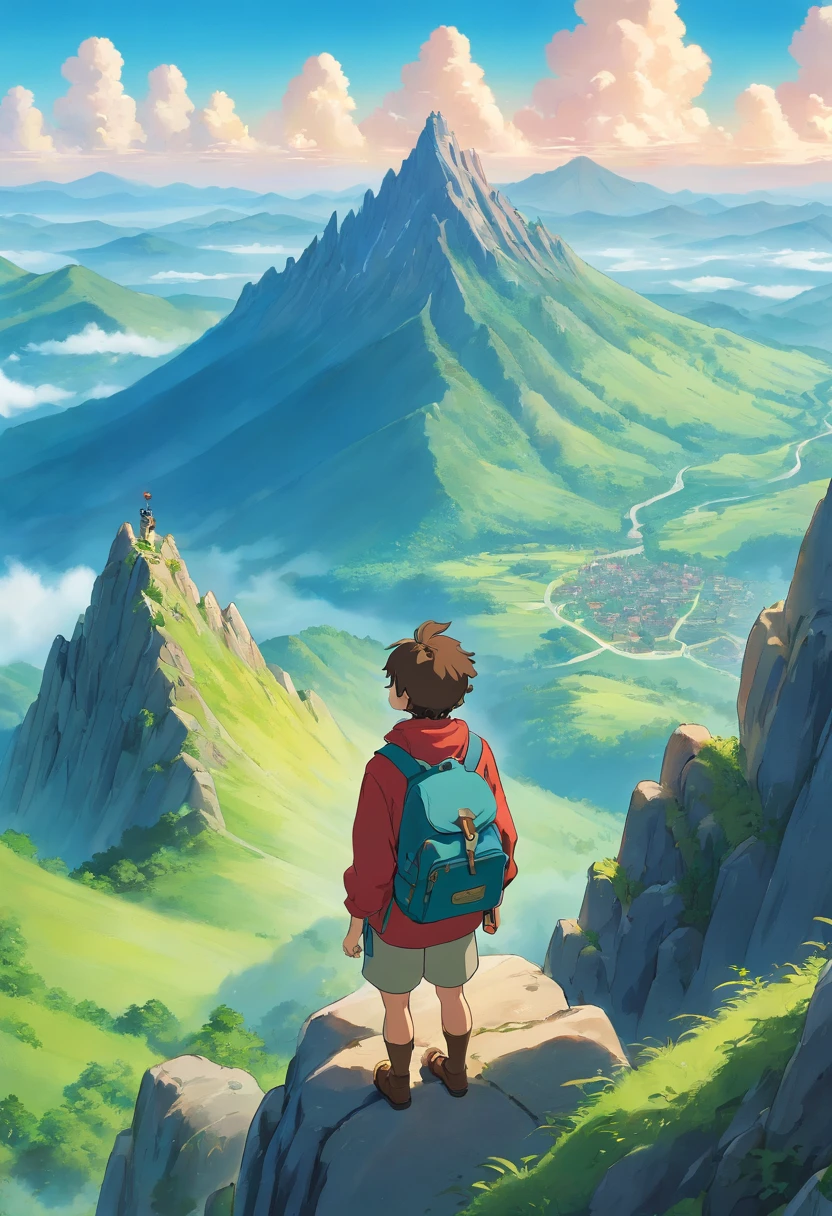 a contemplative shot of a person standing on a mountain peak, with their backpack slung over their shoulder, gazing out at a vast and majestic landscape, showcasing a moment of reflection and connection with the natural world