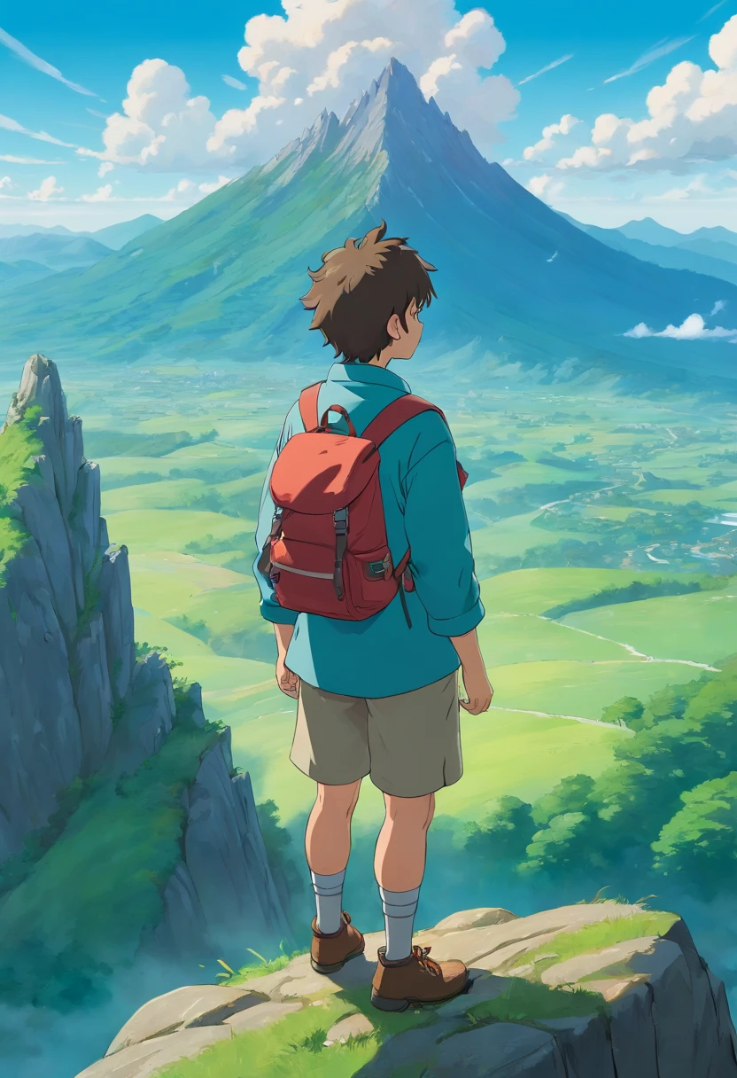 a contemplative shot of a person standing on a mountain peak, with their backpack slung over their shoulder, gazing out at a vast and majestic landscape, showcasing a moment of reflection and connection with the natural world