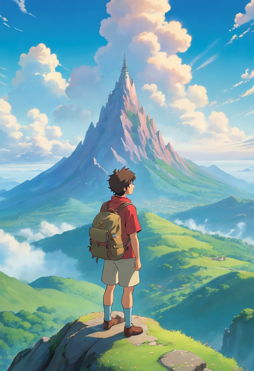a contemplative shot of a person standing on a mountain peak, with their backpack slung over their shoulder, gazing out at a vast and majestic landscape, showcasing a moment of reflection and connection with the natural world