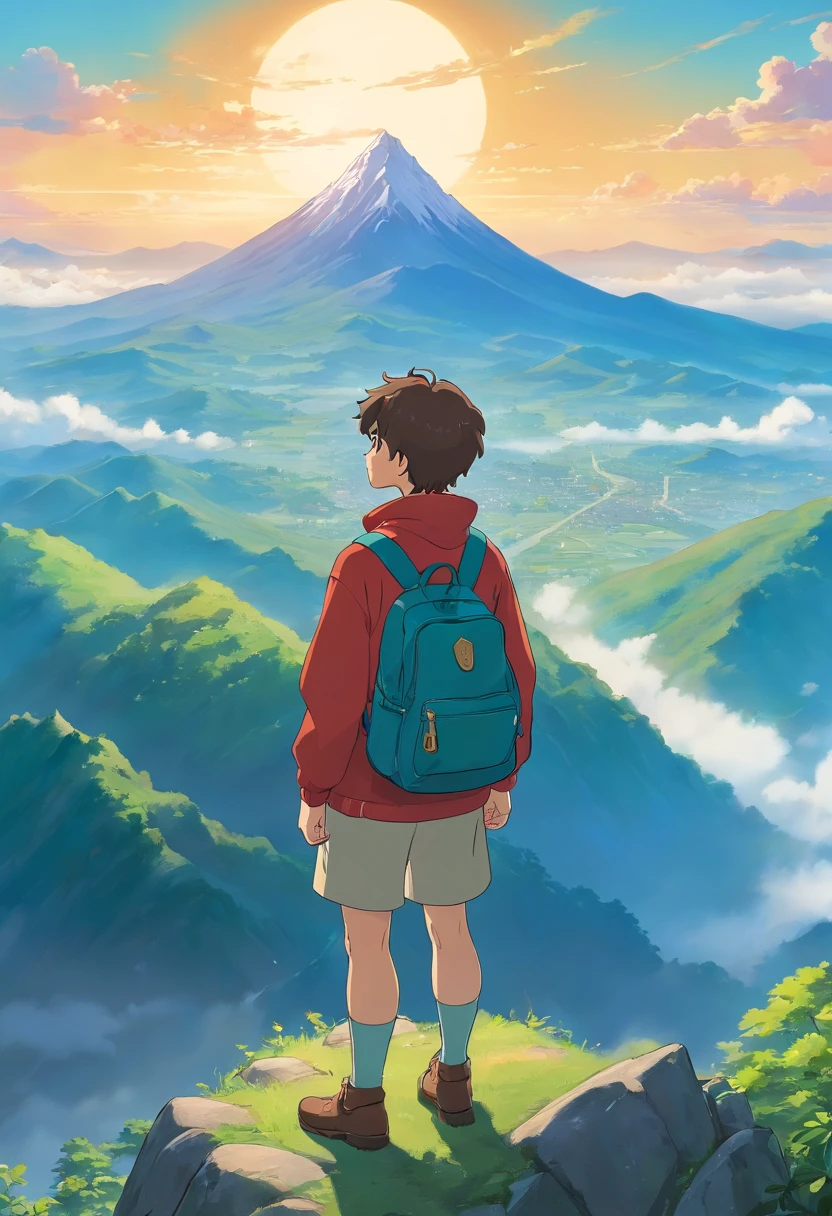 a contemplative shot of a person standing on a mountain peak, with their backpack slung over their shoulder, gazing out at a vast and majestic landscape, showcasing a moment of reflection and connection with the natural world