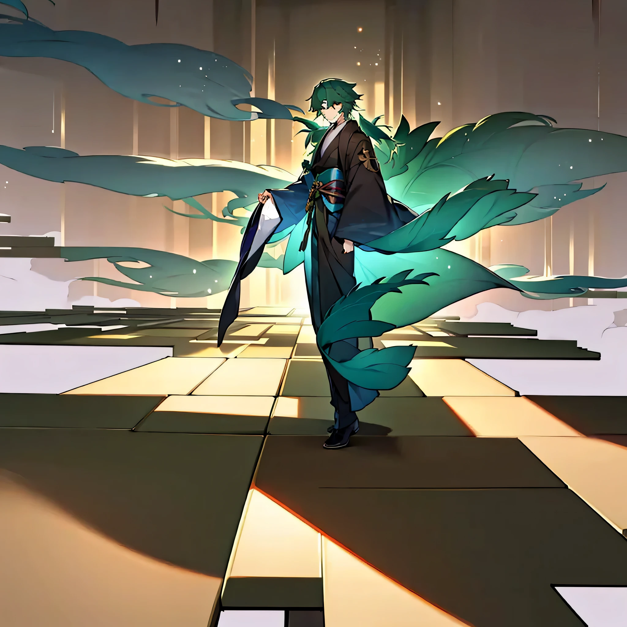 Tall man, light skin color, long black and green hair, Blue kimono
