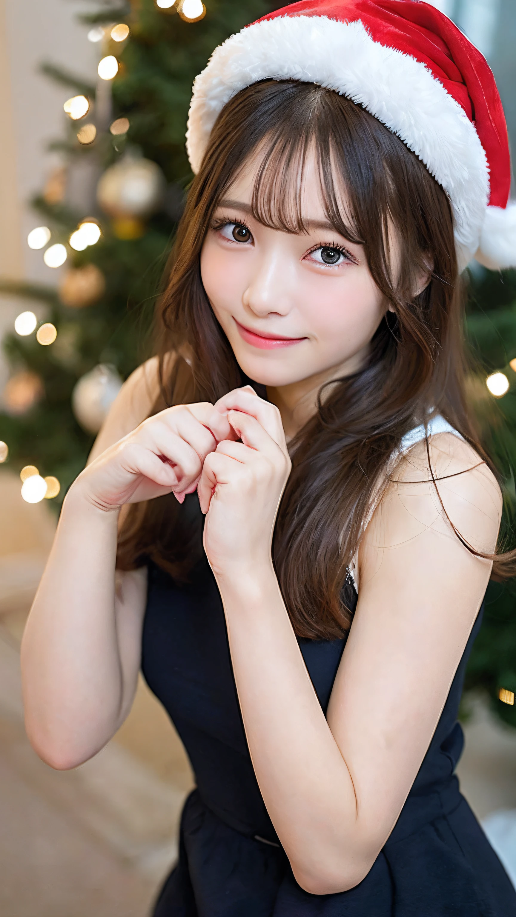 ((Best quality at best, 8K, On the table: 1.3)), CharacterMiya Mobile Legen bang , Focus sharp: 1.2, Lovely and beautiful woman,with a perfect body: 1.4, Highly Detailed Face and Skin Textur, Natural skin without makeup, 詳細な目, christmas, Eyes focus on target, actual, hyper-detailing、Above Knees、Raise Hand、A smile