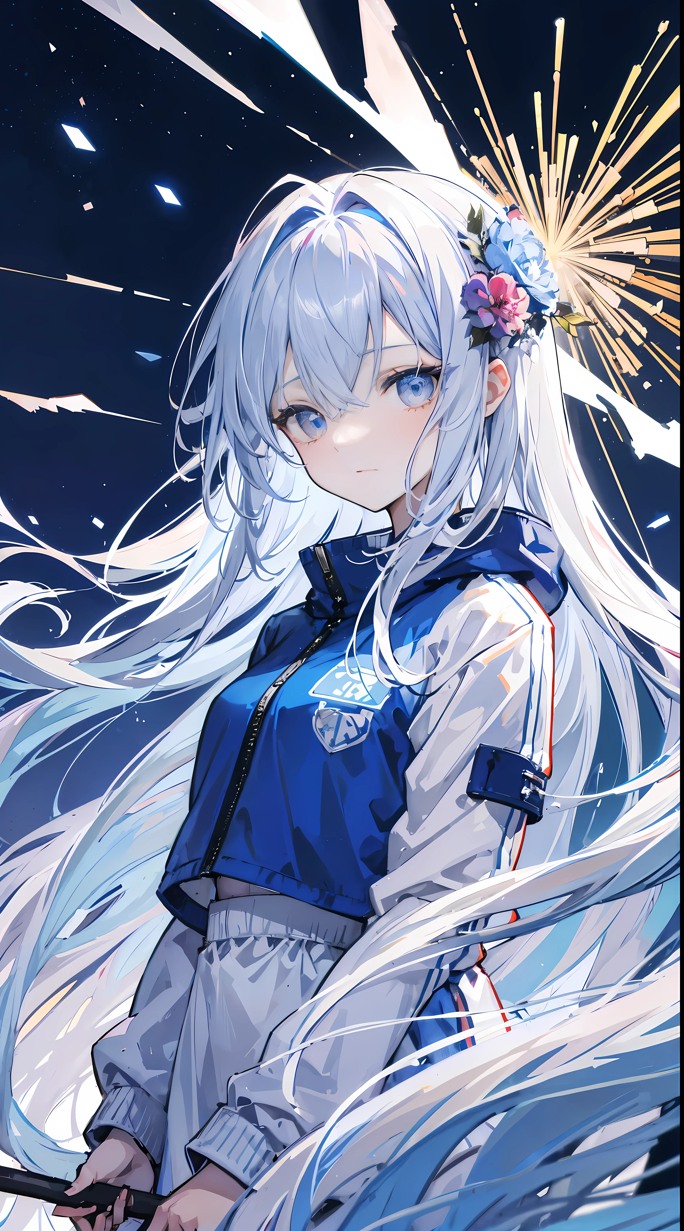 light blue jagged hair,The hair curtain is very long,The hair curtain covers one eye,hair slightly upward,Has gray eyes,sparkle in eyes,Girl of medium build,There is a flower on the head,sunset over empty countryside,Holding a lit fireworks stick in his hand,He is wearing a white tracksuit,black cape skirt,I look lonely and lonely,The atmosphere is desolate,cold shades,He bowed his head