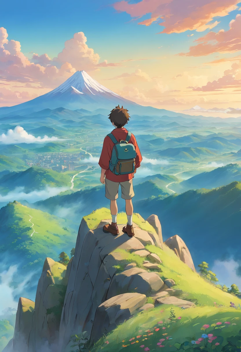 a contemplative shot of a person standing on a mountain peak, with their backpack slung over their shoulder, gazing out at a vast and majestic landscape, showcasing a moment of reflection and connection with the natural world