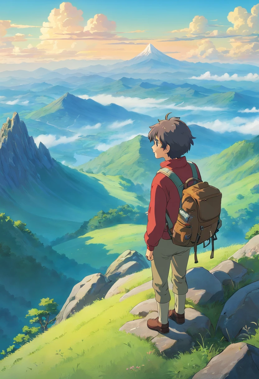 a contemplative shot of a person standing on a mountain peak, with their backpack slung over their shoulder, gazing out at a vast and majestic landscape, showcasing a moment of reflection and connection with the natural world