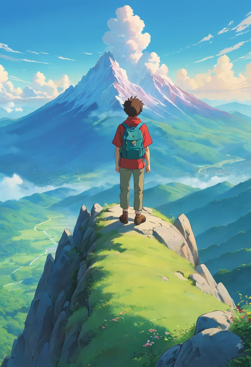 a contemplative shot of a person standing on a mountain peak, with their backpack slung over their shoulder, gazing out at a vast and majestic landscape, showcasing a moment of reflection and connection with the natural world