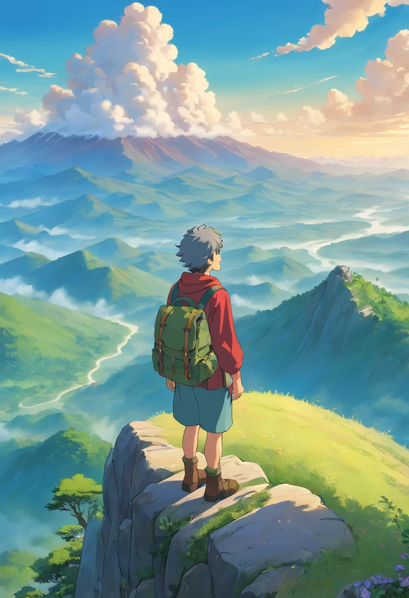 a contemplative shot of a person standing on a mountain peak, with their backpack slung over their shoulder, gazing out at a vast and majestic landscape, showcasing a moment of reflection and connection with the natural world